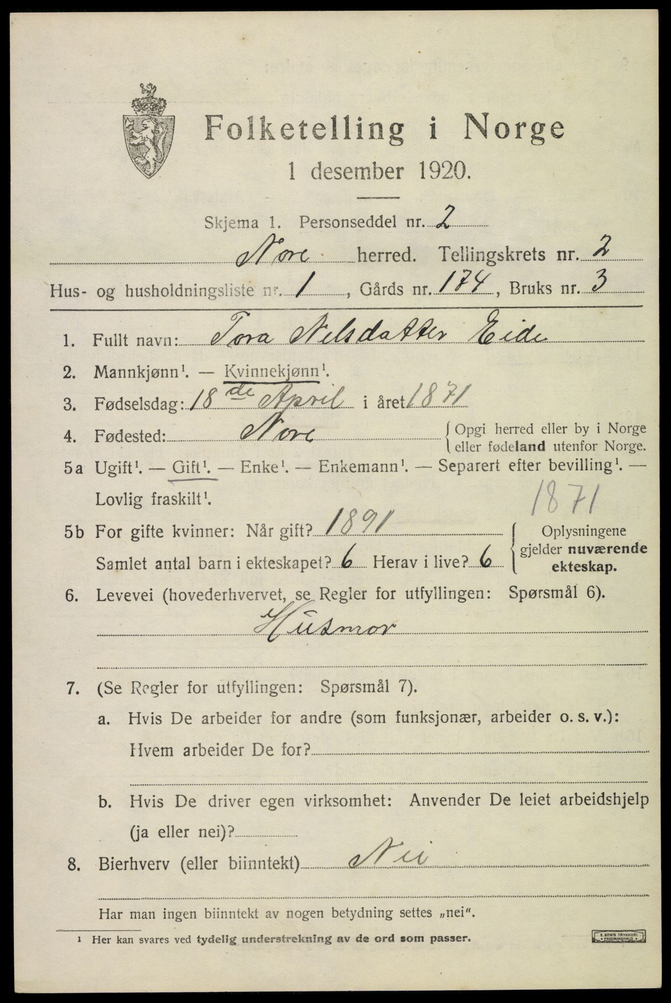 SAKO, 1920 census for Nore, 1920, p. 1046