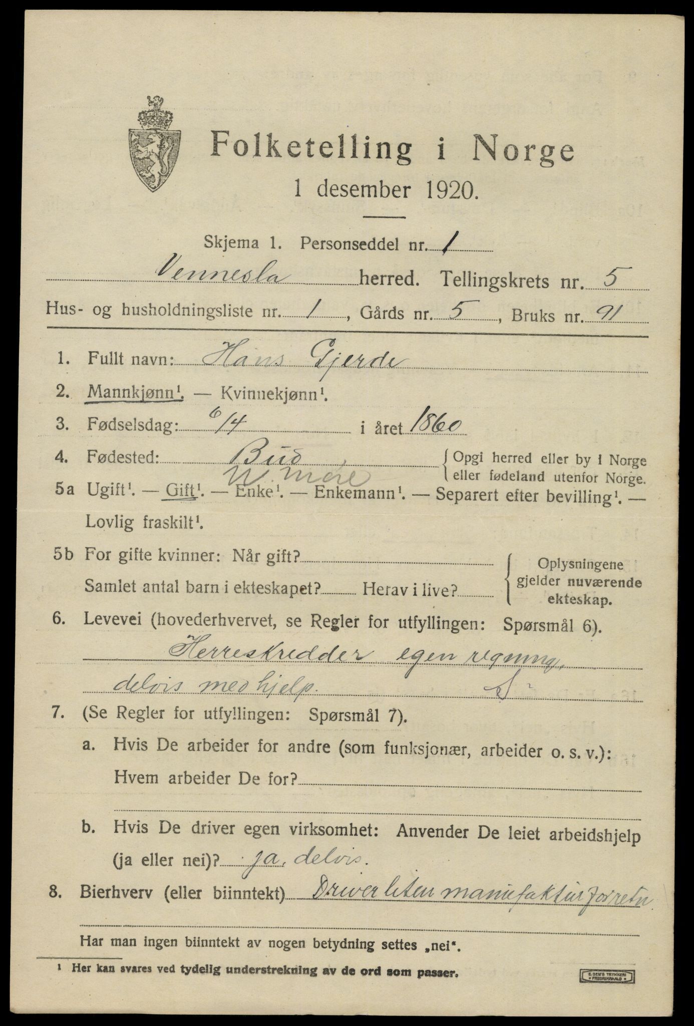 SAK, 1920 census for Vennesla, 1920, p. 3236