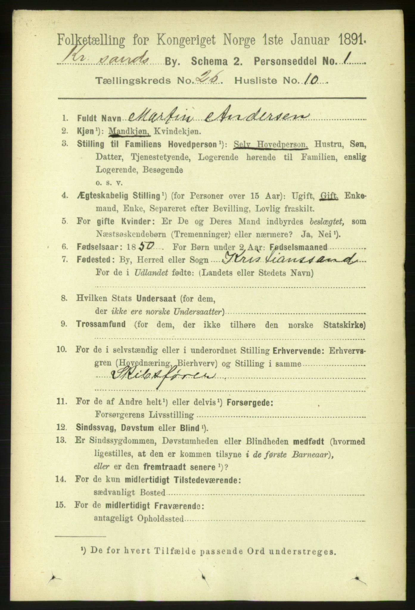 RA, 1891 census for 1001 Kristiansand, 1891, p. 8949