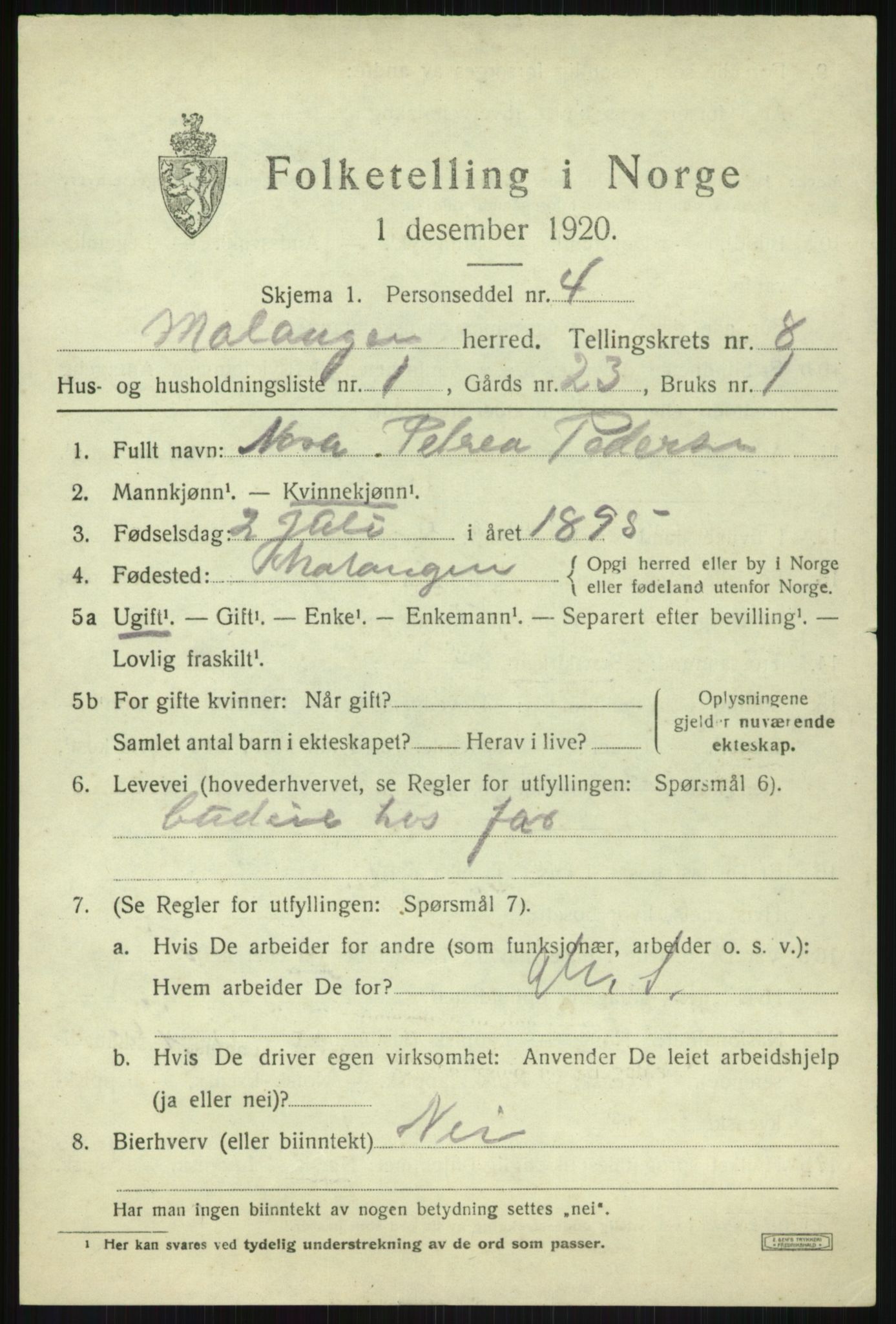 SATØ, 1920 census for Malangen, 1920, p. 3131