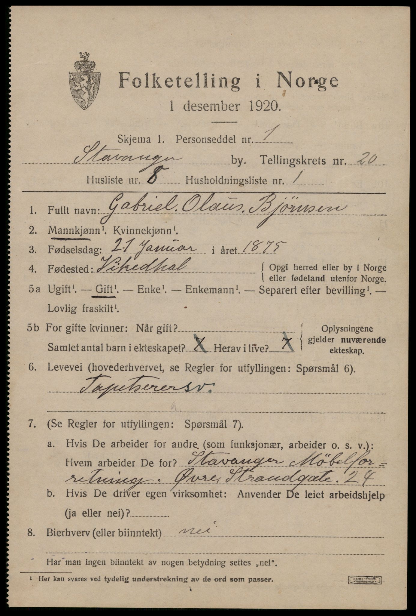 SAST, 1920 census for Stavanger, 1920, p. 70050