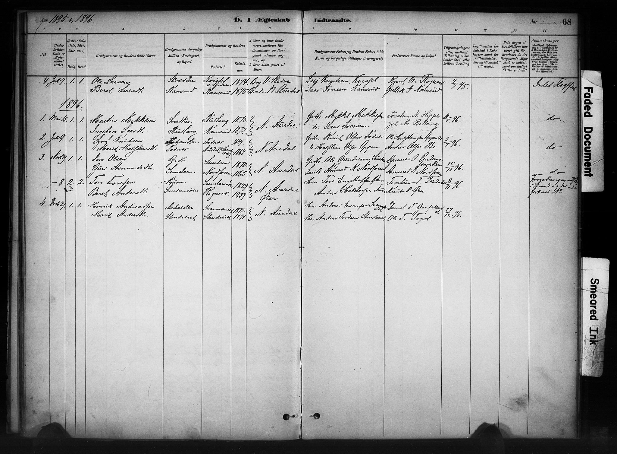 Nord-Aurdal prestekontor, SAH/PREST-132/H/Ha/Haa/L0011: Parish register (official) no. 11, 1883-1896, p. 68