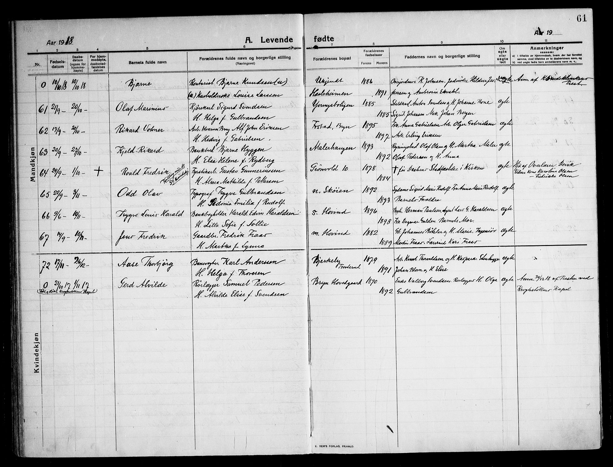 Østre Aker prestekontor Kirkebøker, AV/SAO-A-10840/F/Fa/L0012: Parish register (official) no. I 12, 1913-1924, p. 61