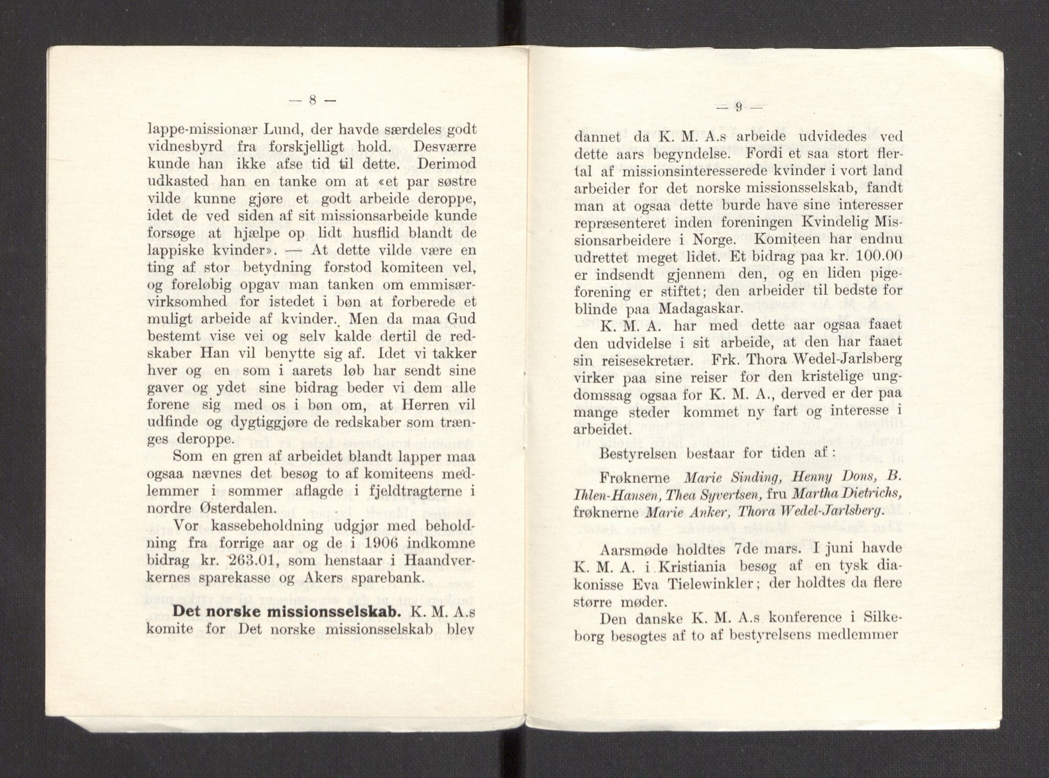 Kvinnelige Misjonsarbeidere, AV/RA-PA-0699/F/Fa/L0001/0007: -- / Årsmeldinger, trykte, 1906-1915