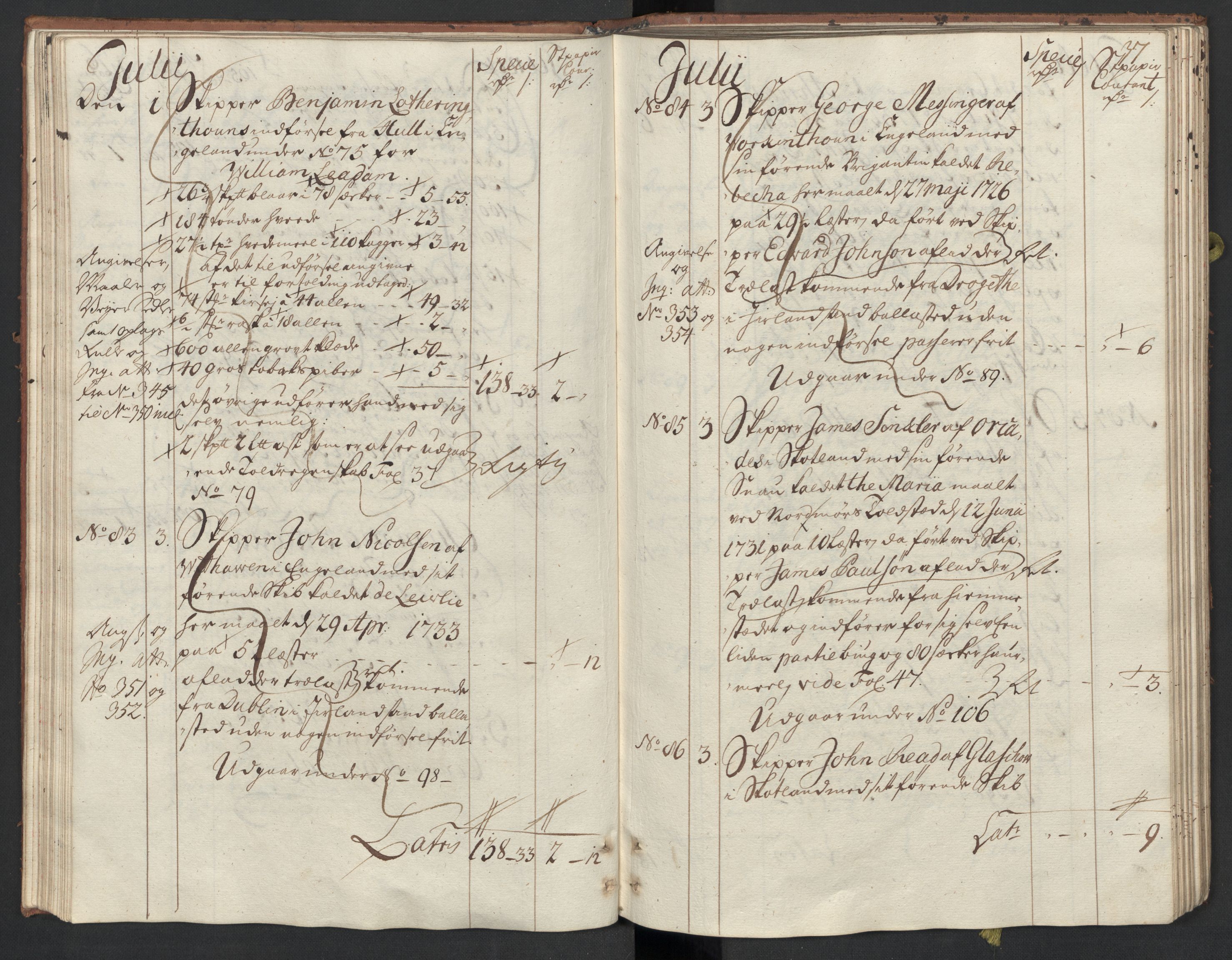 Generaltollkammeret, tollregnskaper, RA/EA-5490/R33/L0015/0001: Tollregnskaper Trondheim A / Inngående tollbok, 1733, p. 36b-37a