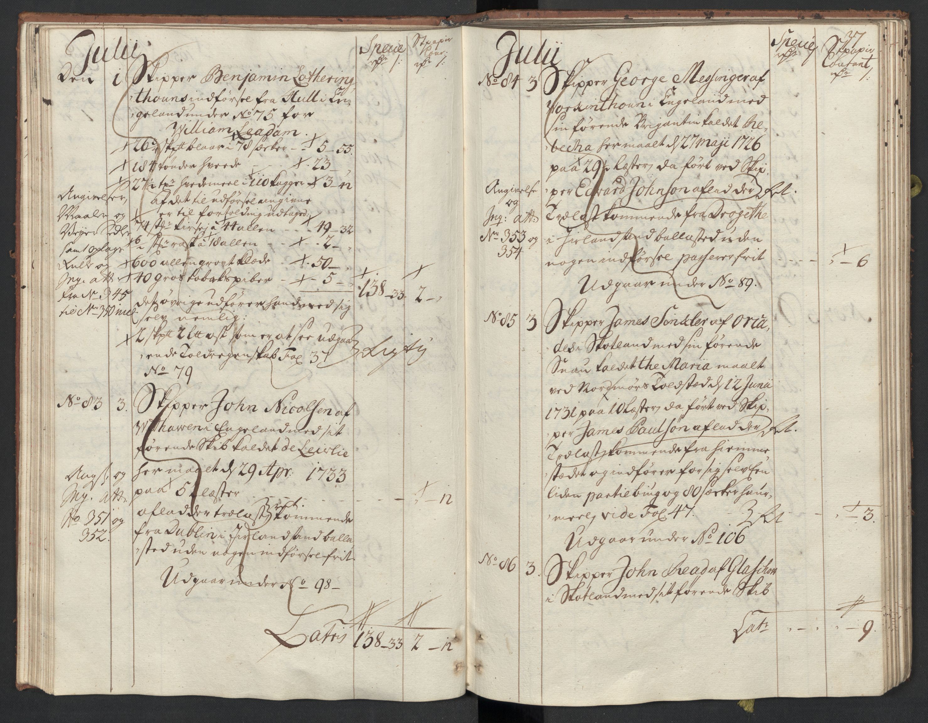 Generaltollkammeret, tollregnskaper, AV/RA-EA-5490/R33/L0015/0001: Tollregnskaper Trondheim A / Inngående tollbok, 1733, p. 36b-37a