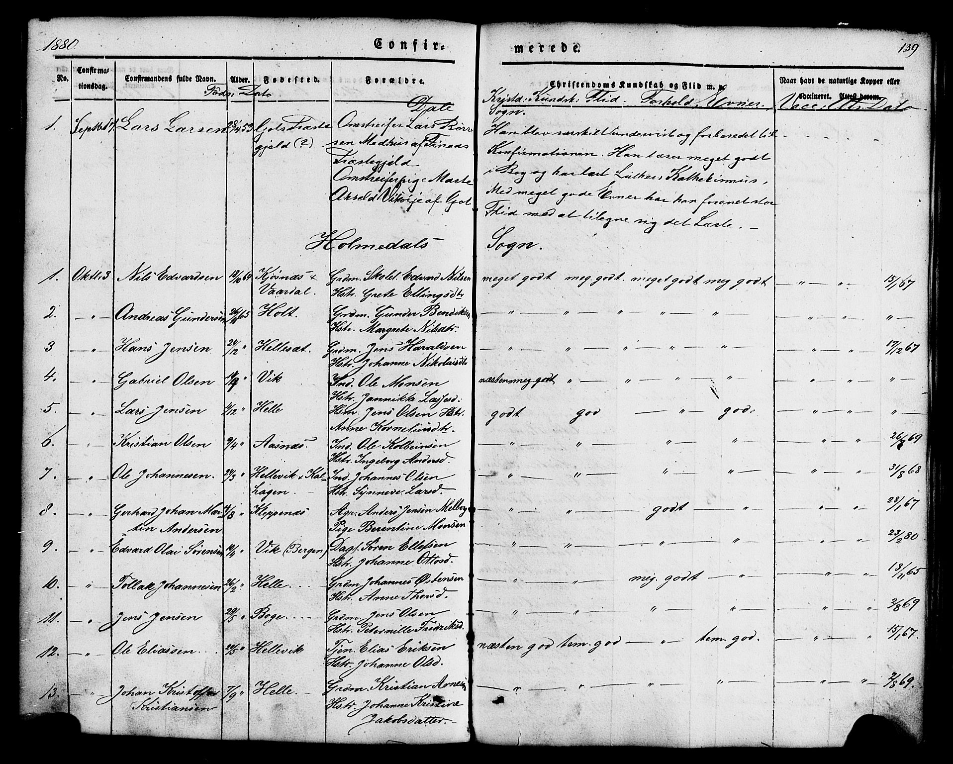 Fjaler sokneprestembete, AV/SAB-A-79801/H/Haa/Haaa/L0008: Parish register (official) no. A 8, 1850-1886, p. 139