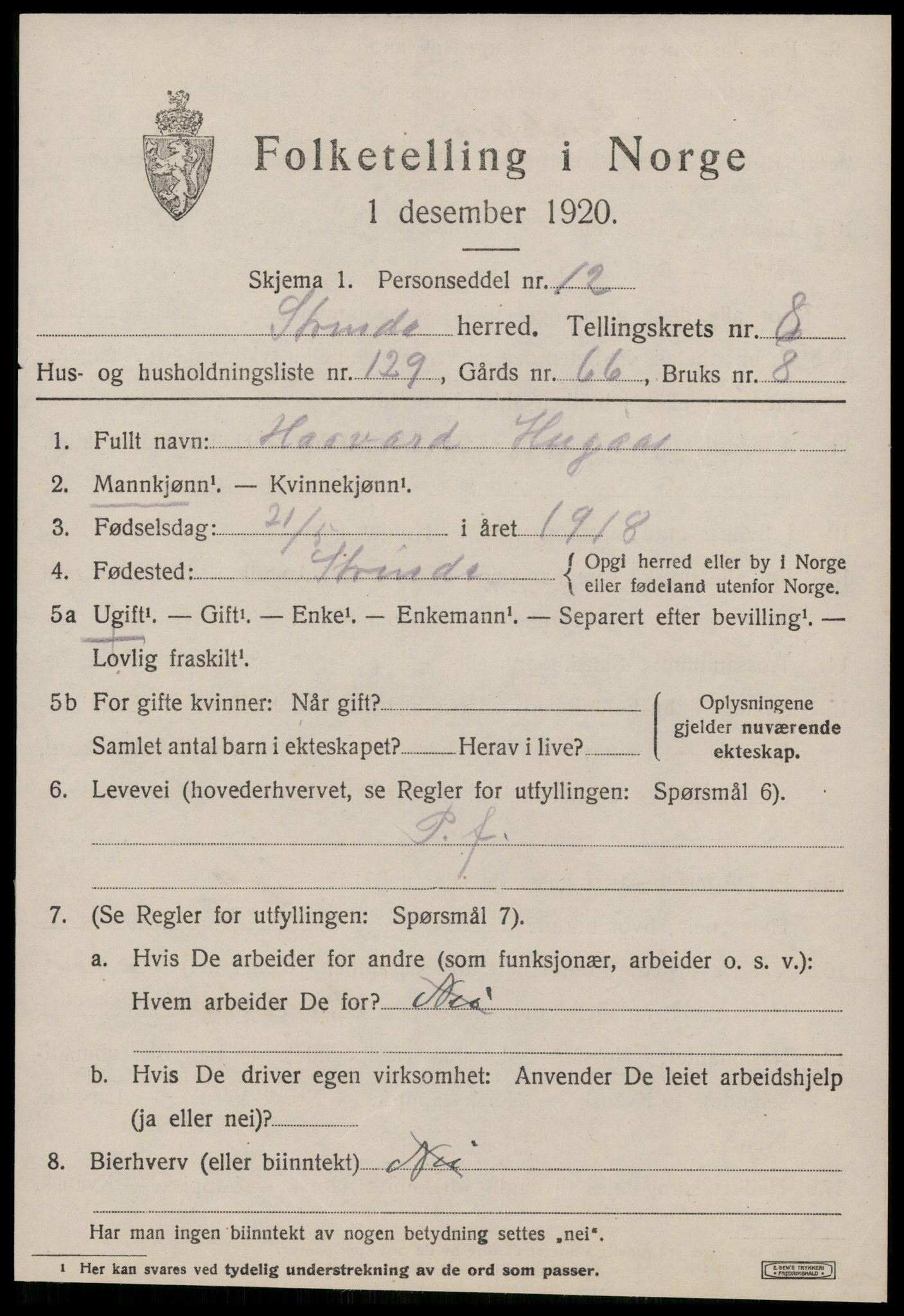 SAT, 1920 census for Strinda, 1920, p. 22216