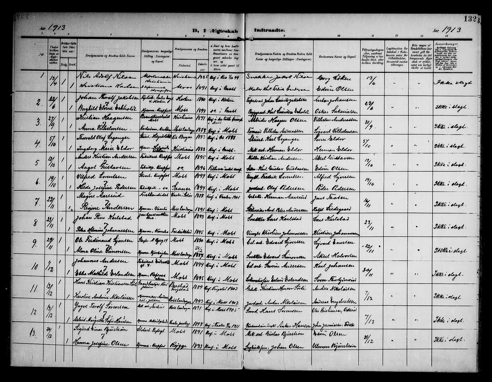 Moss prestekontor Kirkebøker, AV/SAO-A-2003/F/Fc/L0003: Parish register (official) no. III 3, 1906-1914, p. 132