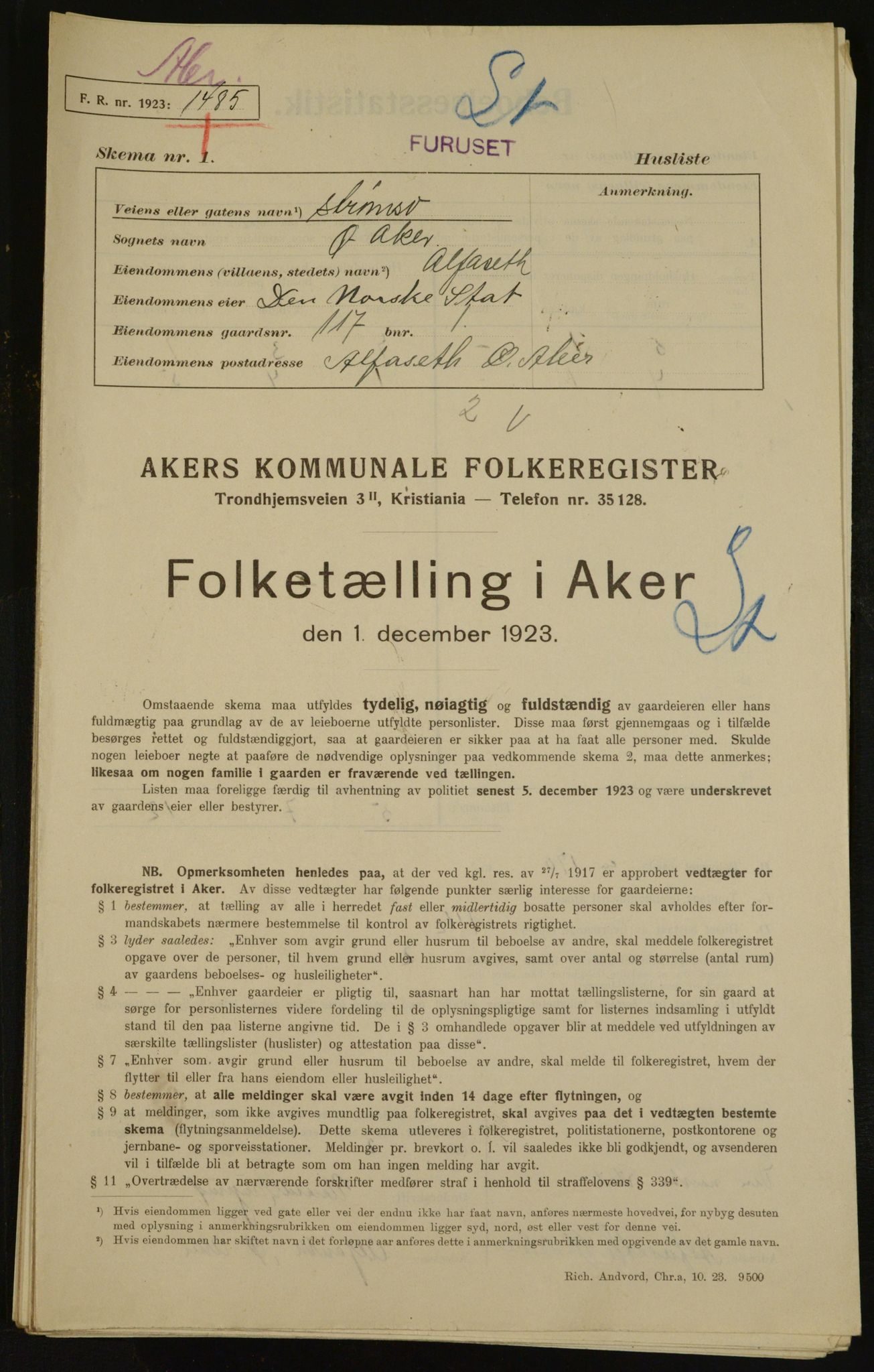 , Municipal Census 1923 for Aker, 1923, p. 31693