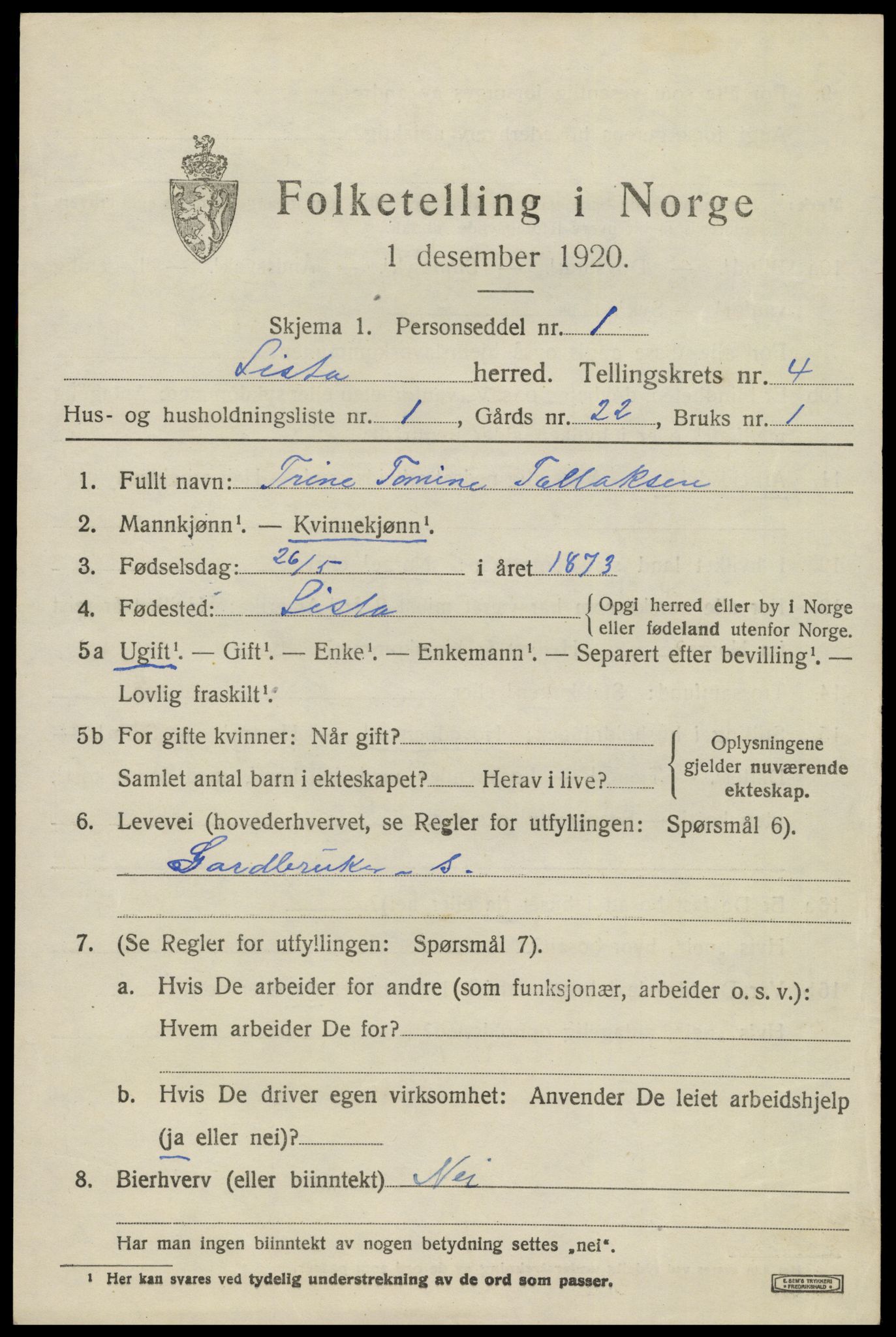 SAK, 1920 census for Lista, 1920, p. 4735