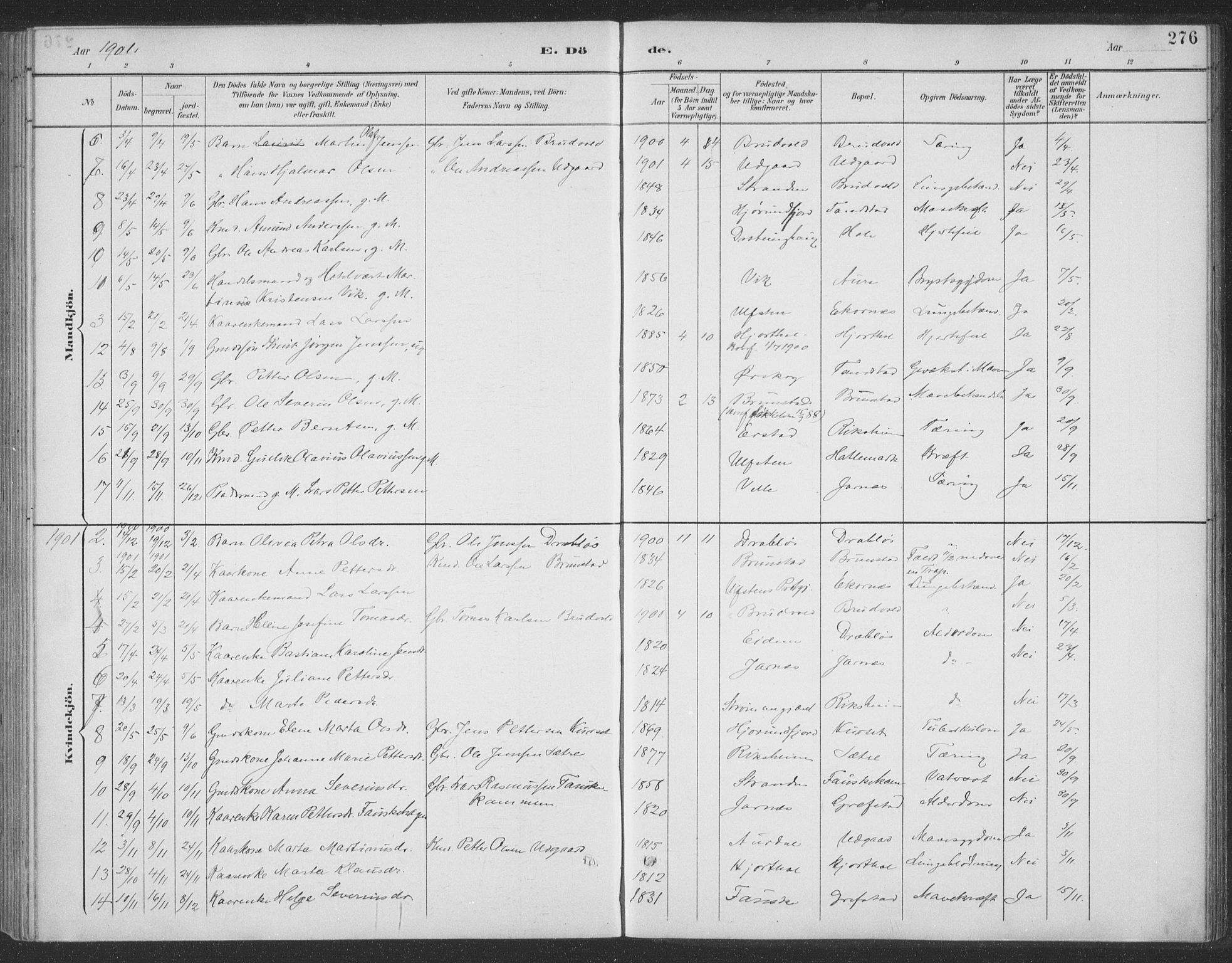 Ministerialprotokoller, klokkerbøker og fødselsregistre - Møre og Romsdal, SAT/A-1454/523/L0335: Parish register (official) no. 523A02, 1891-1911, p. 276