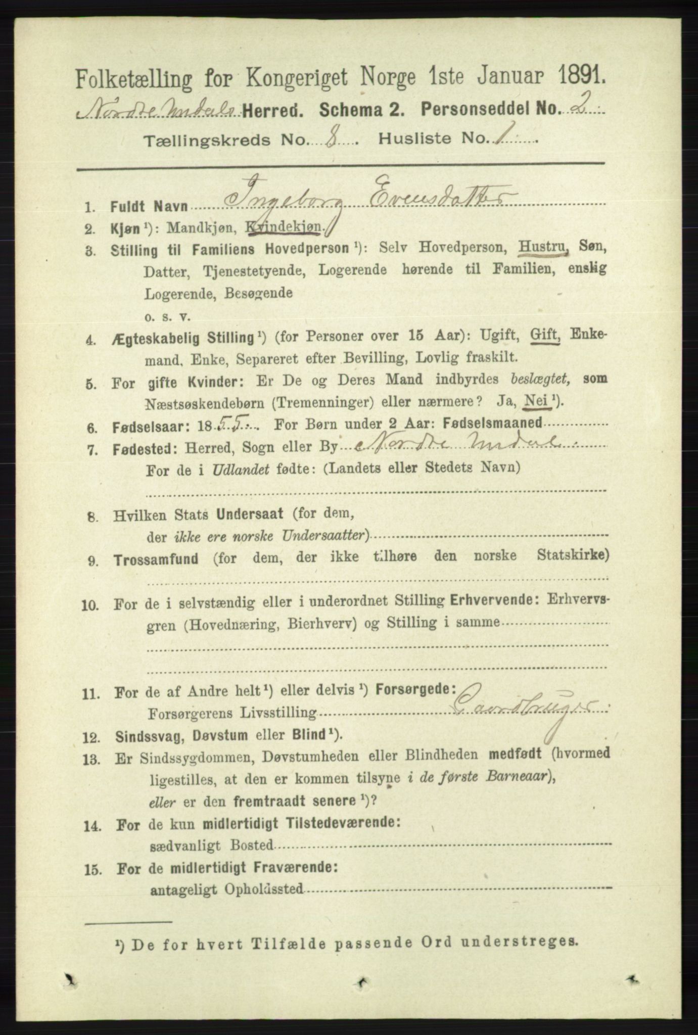 RA, 1891 census for 1028 Nord-Audnedal, 1891, p. 2129