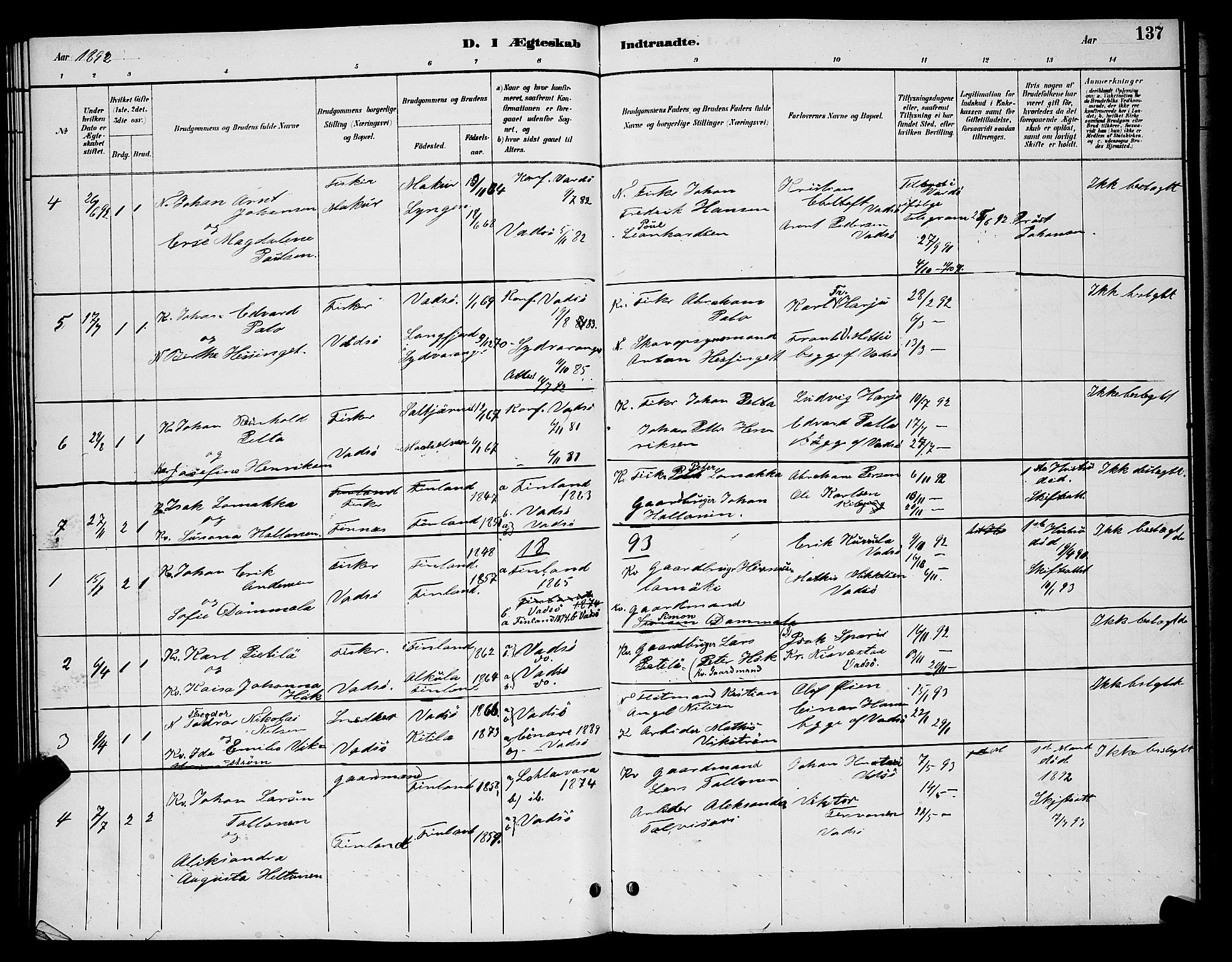 Vadsø sokneprestkontor, SATØ/S-1325/H/Hb/L0004klokker: Parish register (copy) no. 4, 1885-1895, p. 137