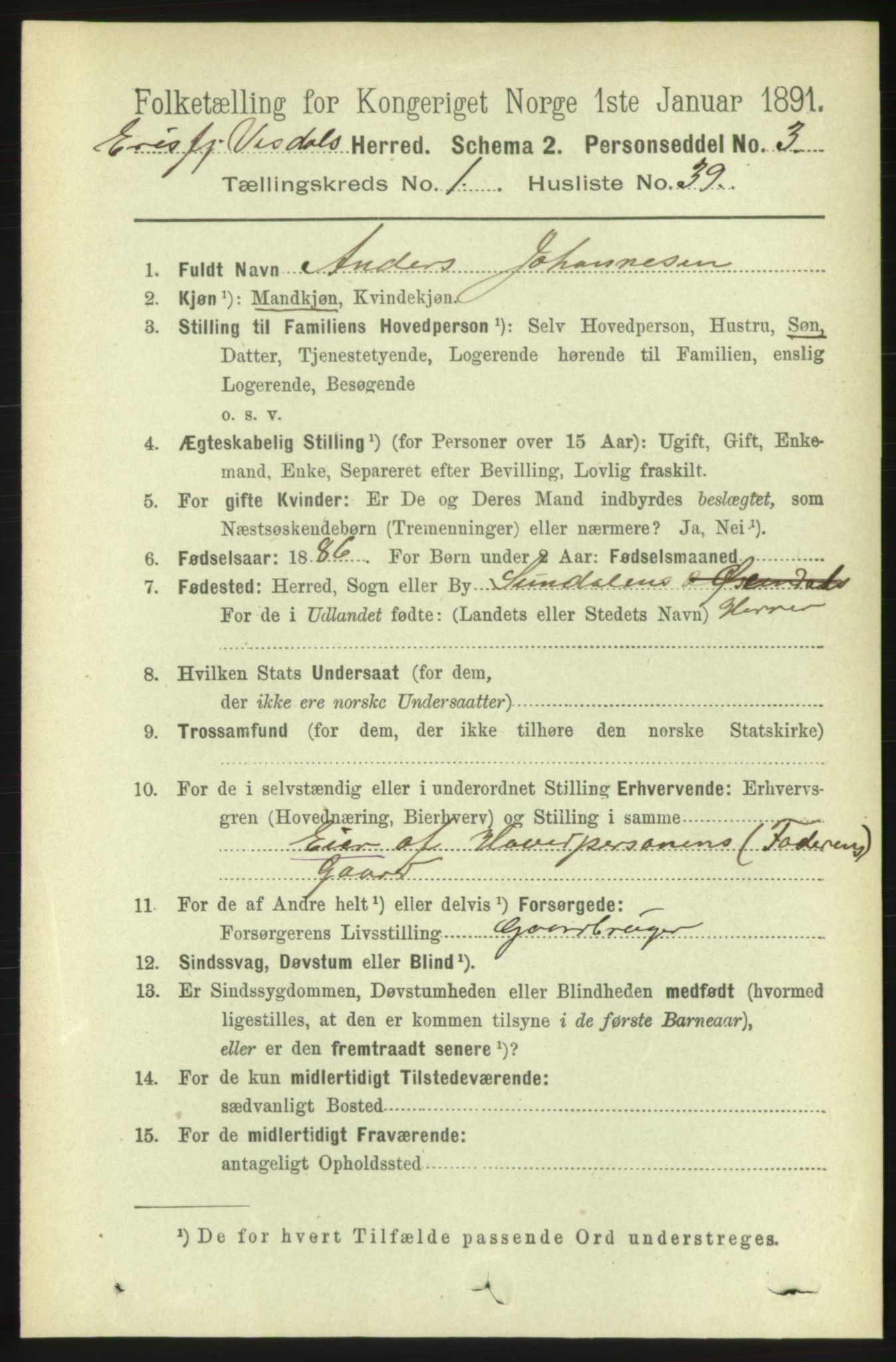 RA, 1891 census for 1542 Eresfjord og Vistdal, 1891, p. 299