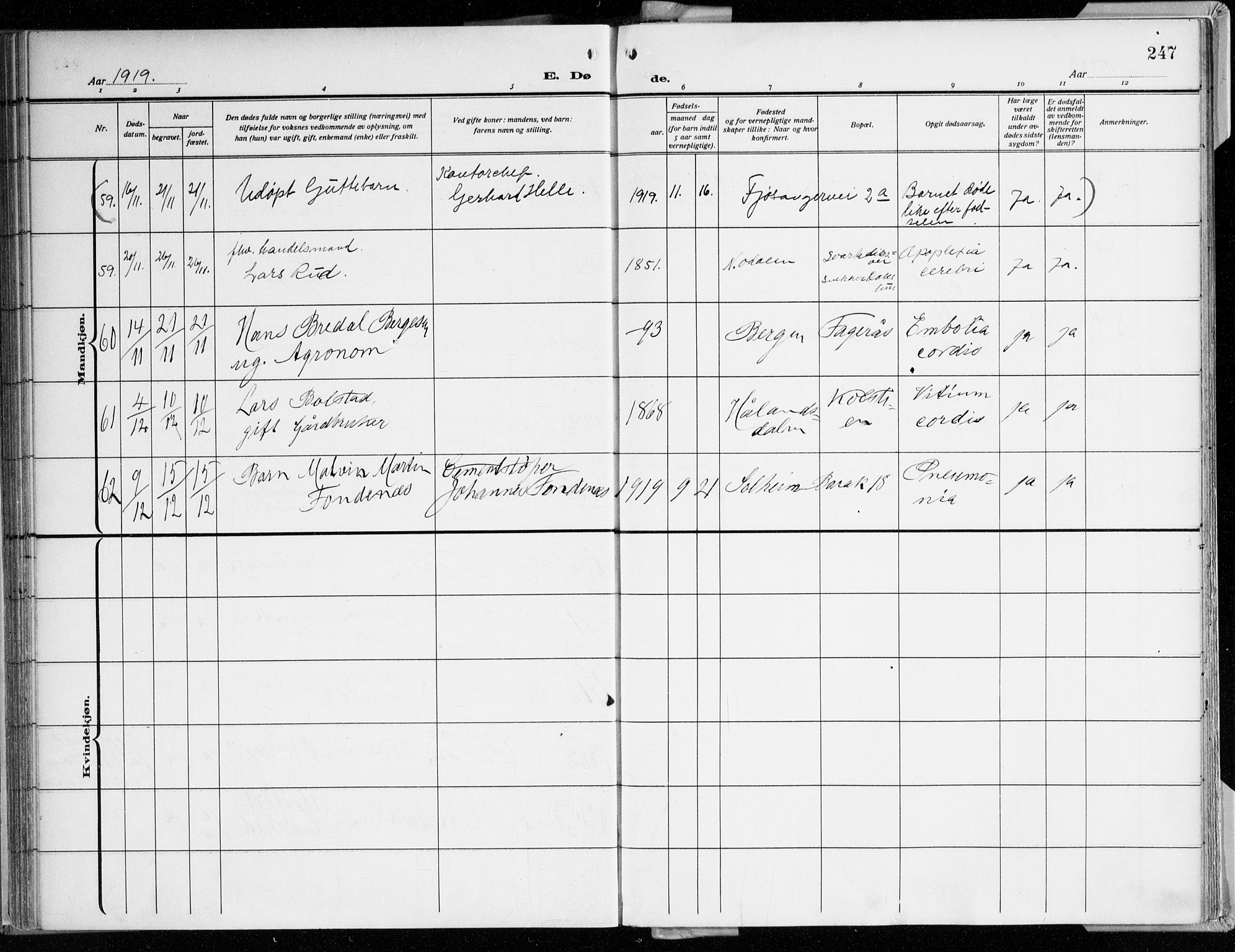 Årstad Sokneprestembete, AV/SAB-A-79301/H/Haa/L0003: Parish register (official) no. A 3, 1914-1919, p. 247