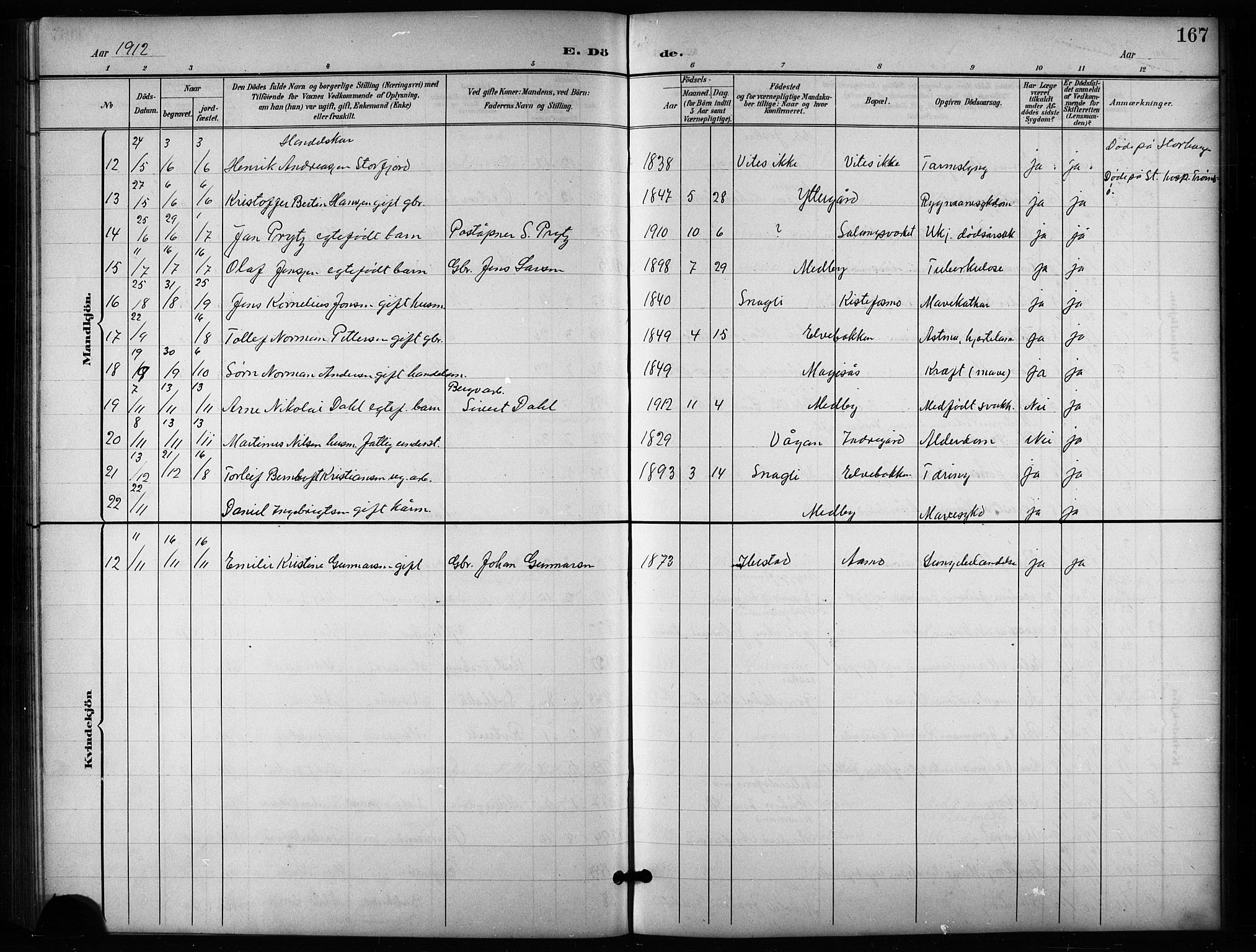 Salangen sokneprestembete, SATØ/S-1324/H/Ha/L0004klokker: Parish register (copy) no. 4, 1900-1924, p. 167