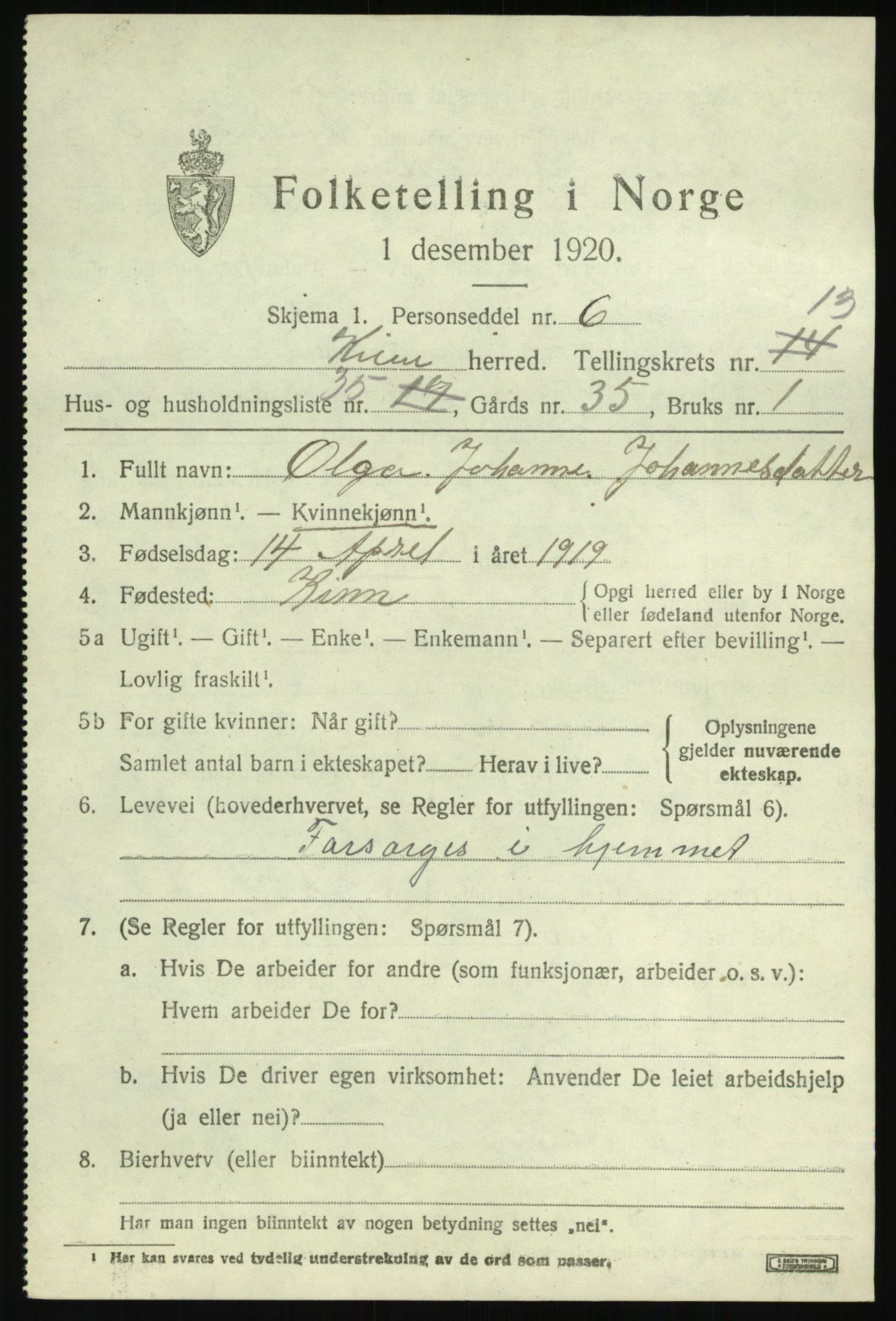 SAB, 1920 census for Kinn, 1920, p. 5107