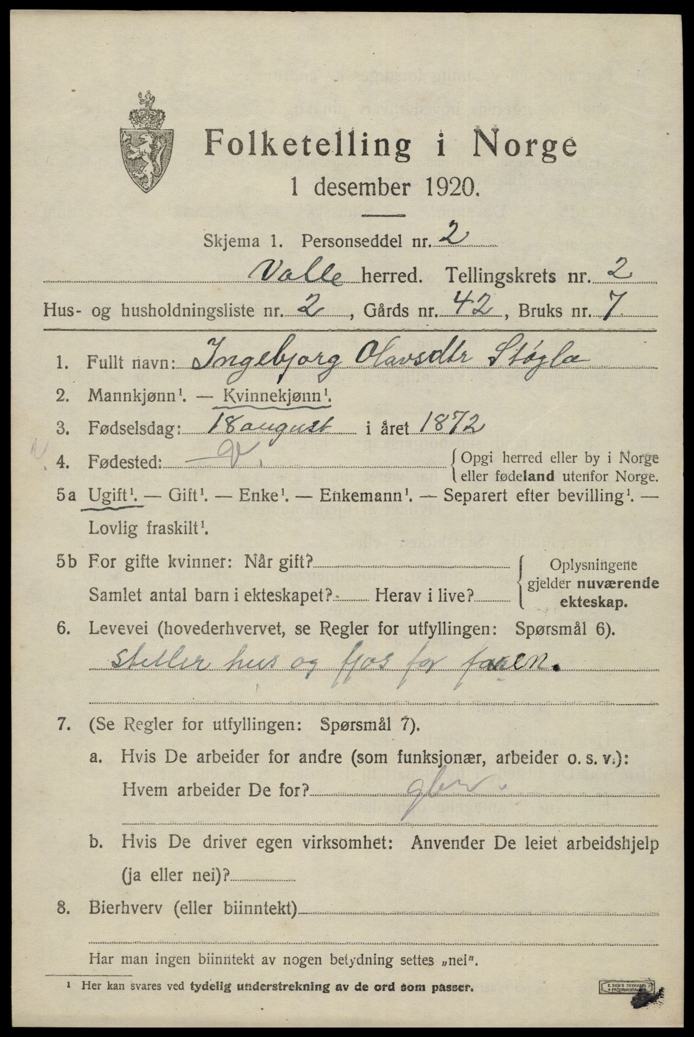 SAK, 1920 census for Valle, 1920, p. 973