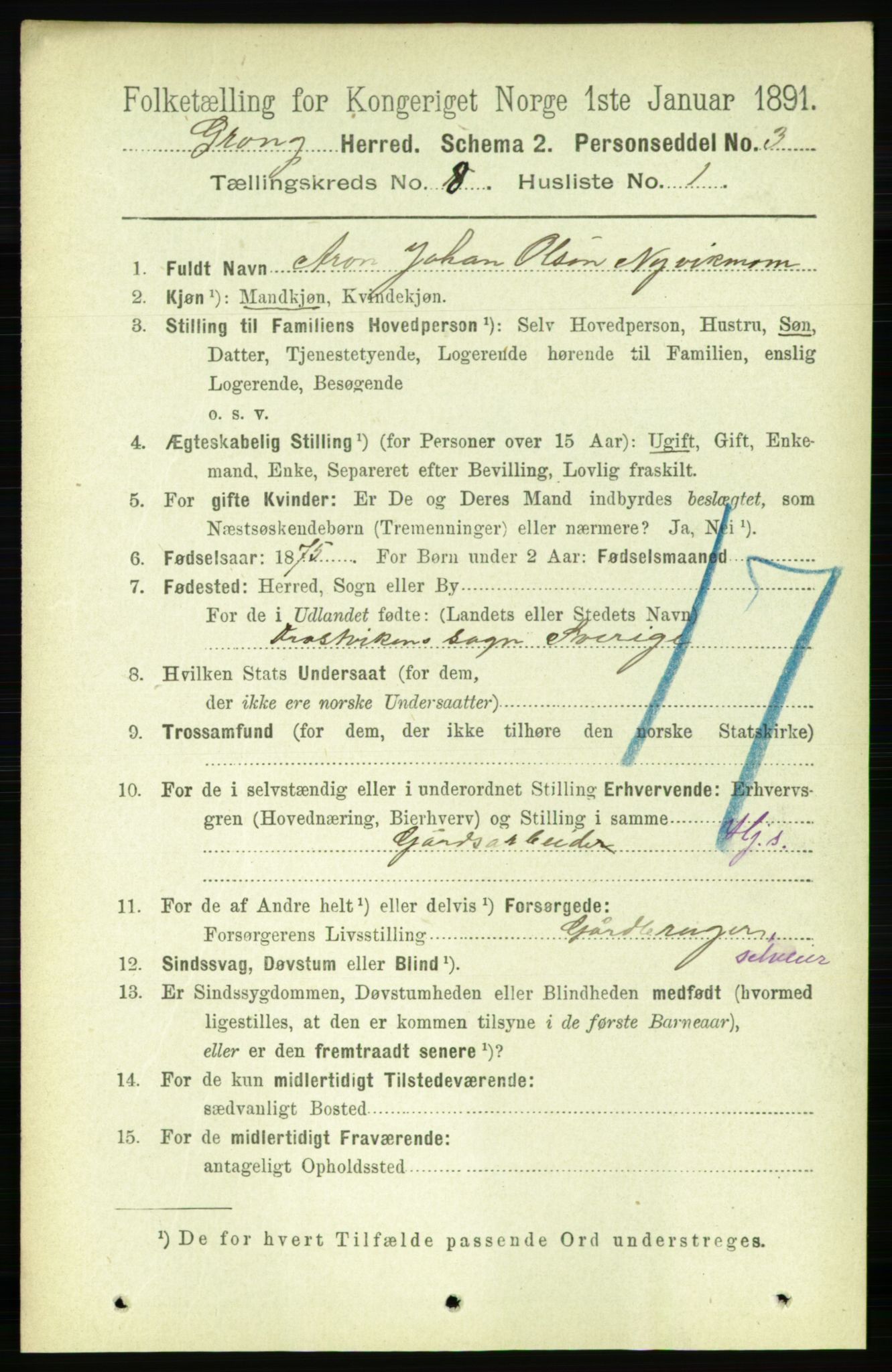 RA, 1891 census for 1742 Grong, 1891, p. 2830