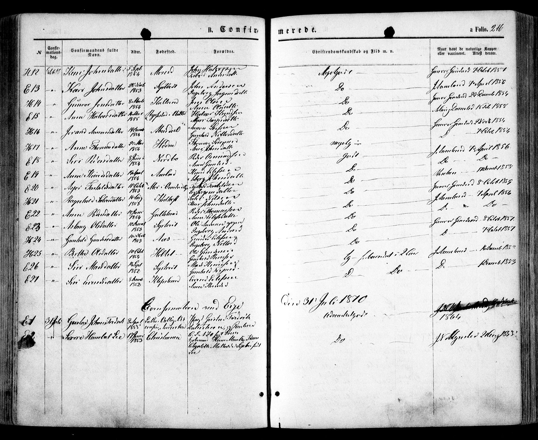 Evje sokneprestkontor, SAK/1111-0008/F/Fa/Faa/L0006: Parish register (official) no. A 6, 1866-1884, p. 216
