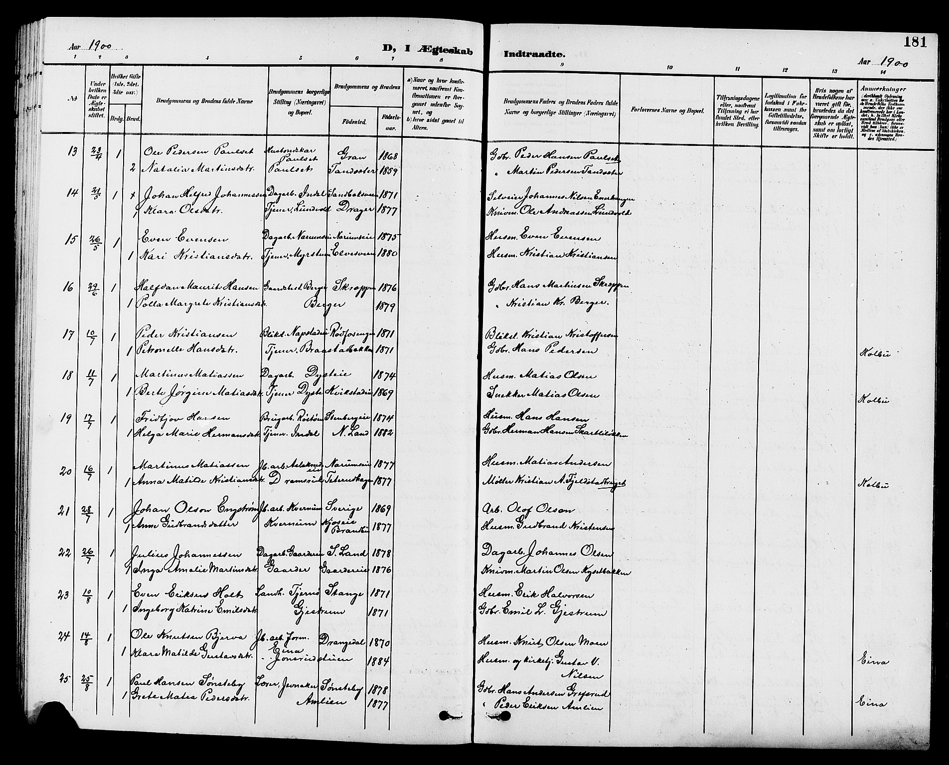 Vestre Toten prestekontor, SAH/PREST-108/H/Ha/Hab/L0010: Parish register (copy) no. 10, 1900-1912, p. 181