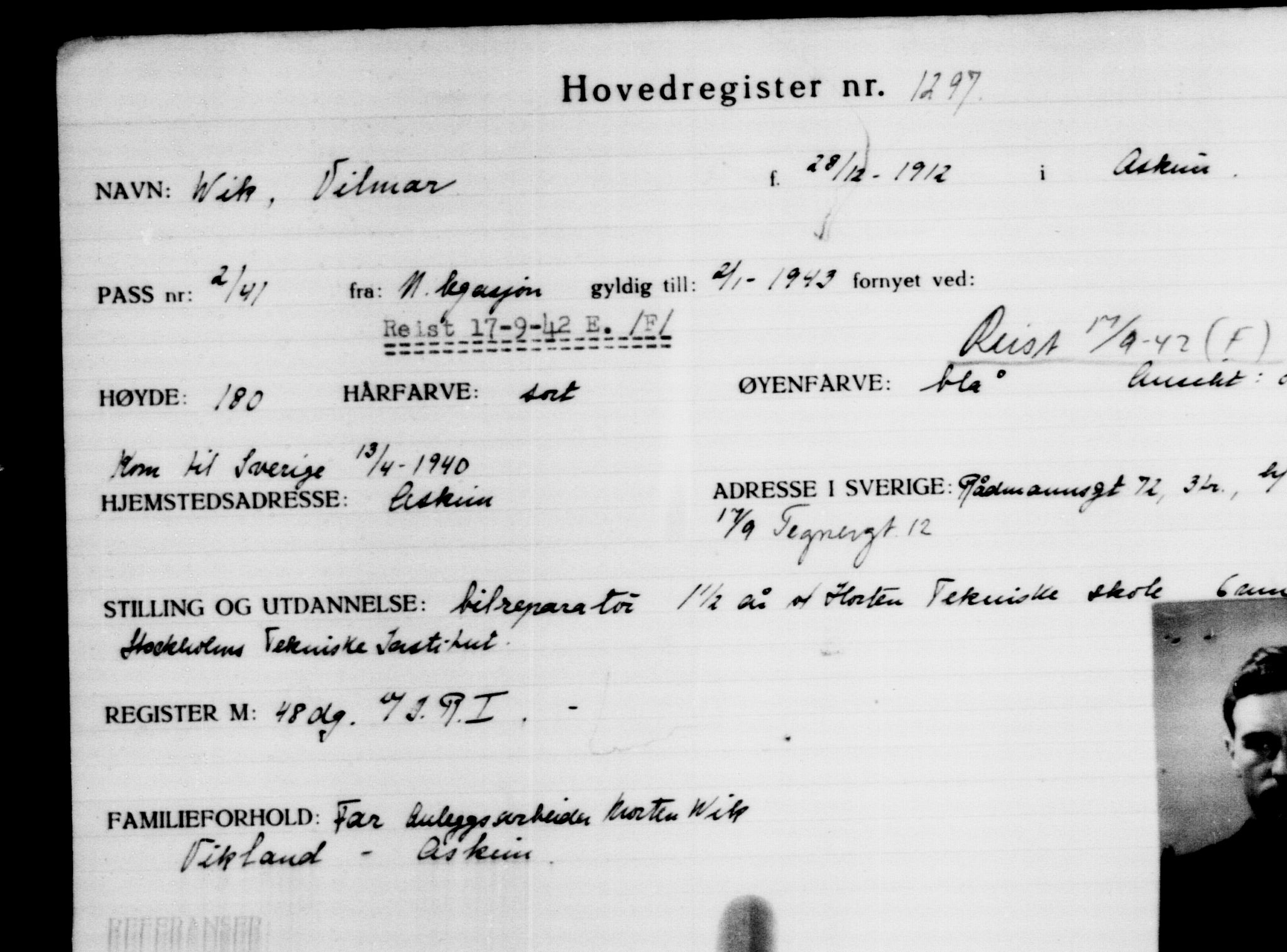 Utenriksstasjonene, Legasjonen i Stockholm, Flyktningkontoret, AV/RA-S-6753/V/Va/L0002: Kjesäterkartoteket, flyktninger med registreringsnr. 1001-2000, 1940-1945, p. 425
