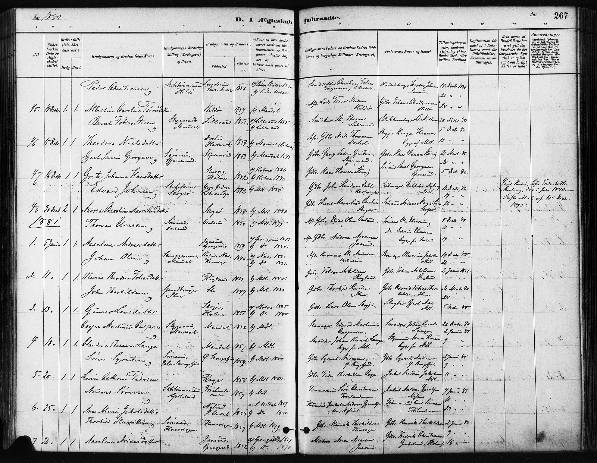 Mandal sokneprestkontor, AV/SAK-1111-0030/F/Fa/Faa/L0016: Parish register (official) no. A 16, 1880-1890, p. 267