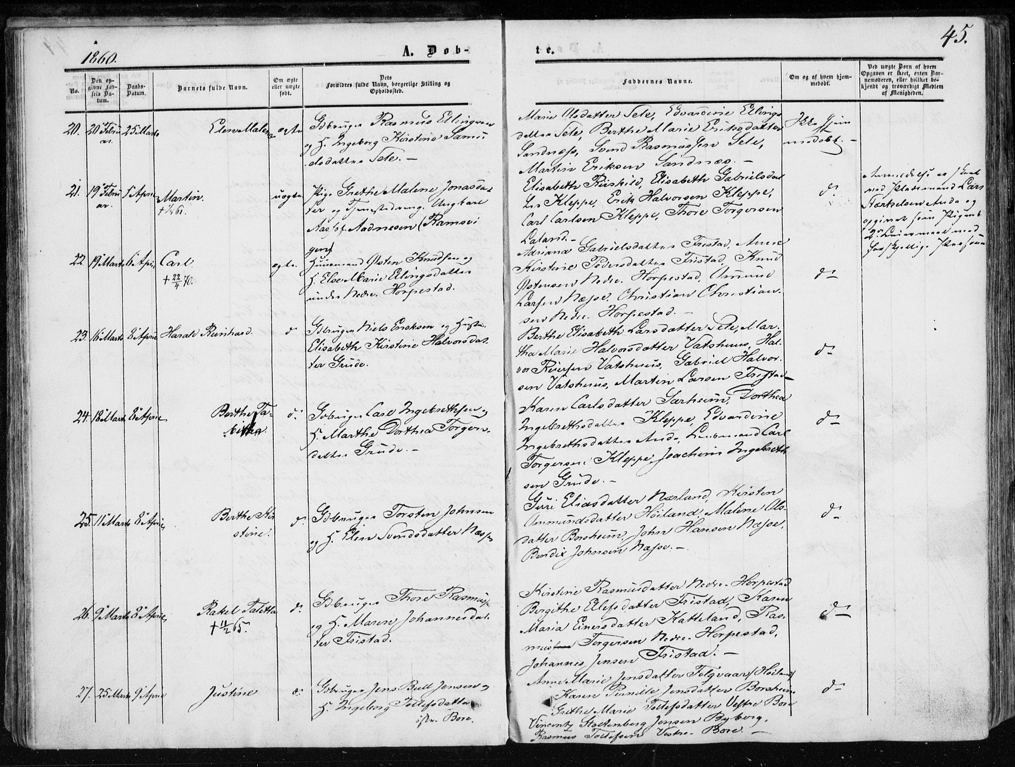 Klepp sokneprestkontor, AV/SAST-A-101803/001/3/30BA/L0005: Parish register (official) no. A 5, 1853-1870, p. 45