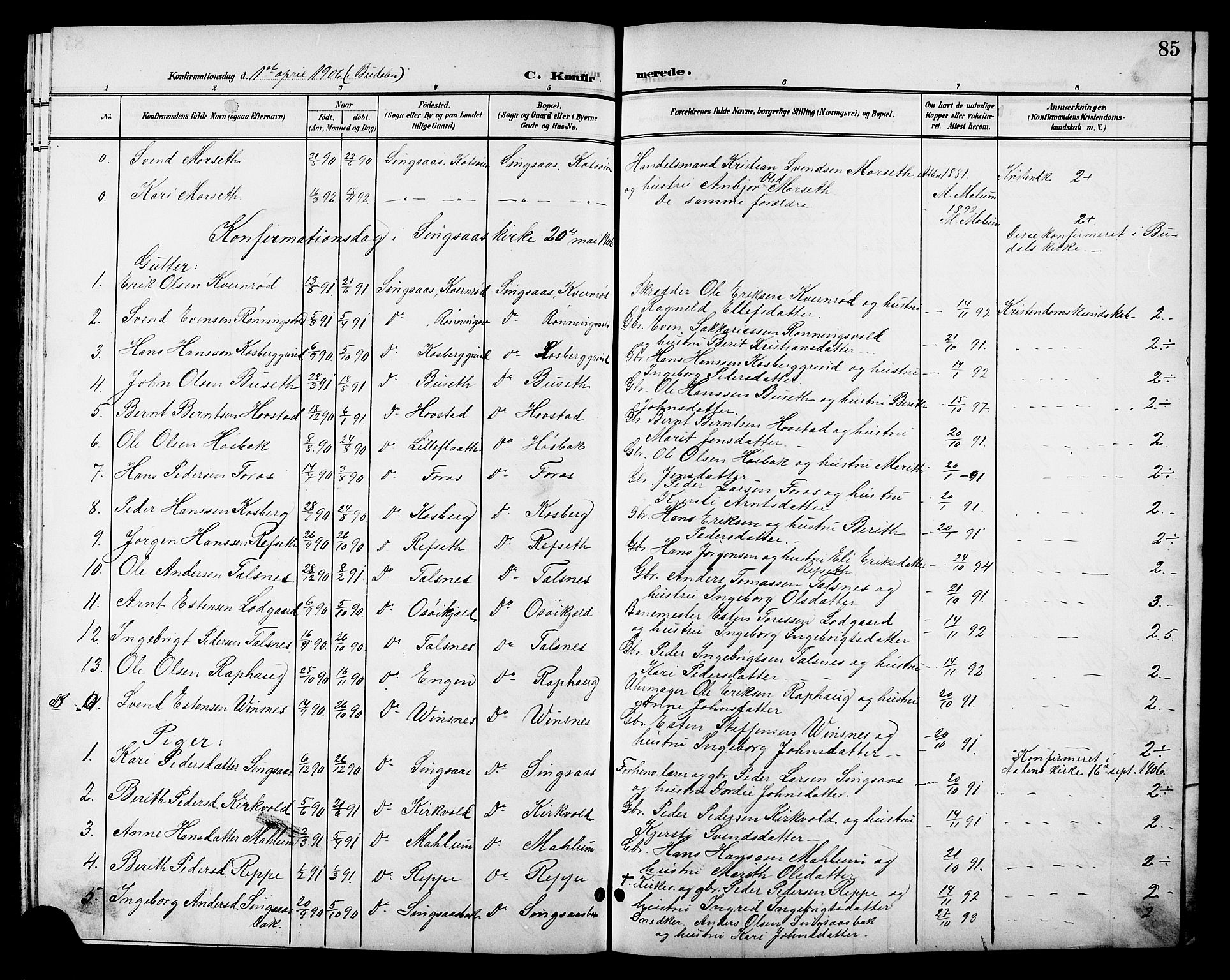 Ministerialprotokoller, klokkerbøker og fødselsregistre - Sør-Trøndelag, SAT/A-1456/688/L1029: Parish register (copy) no. 688C04, 1899-1915, p. 85