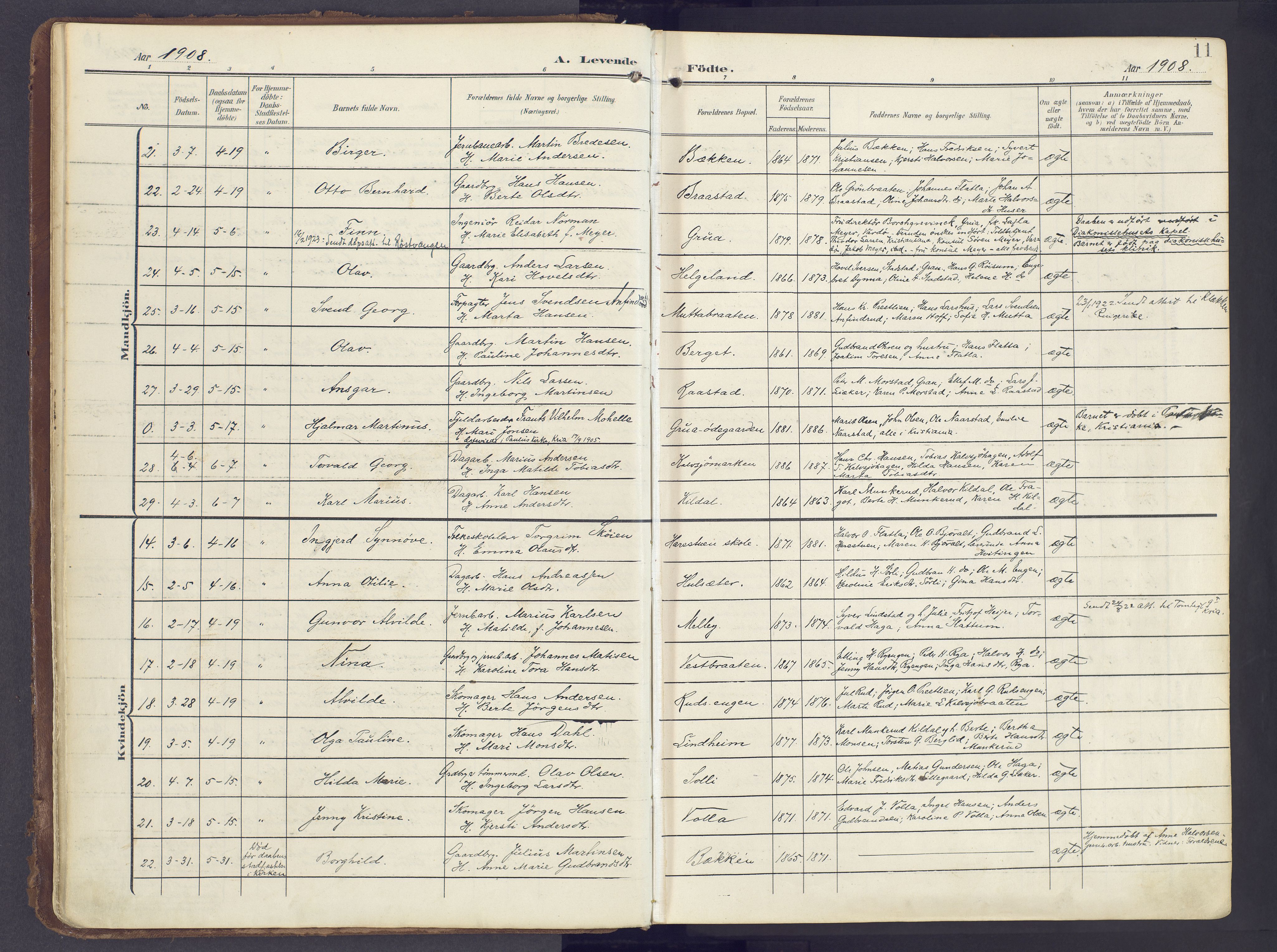 Lunner prestekontor, AV/SAH-PREST-118/H/Ha/Haa/L0001: Parish register (official) no. 1, 1907-1922, p. 11