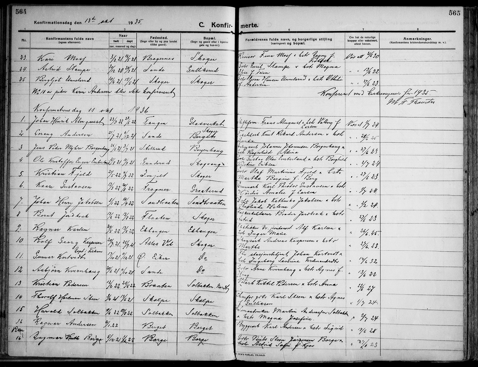 Skoger kirkebøker, SAKO/A-59/F/Fa/L0007: Parish register (official) no. I 7, 1911-1936, p. 564-565