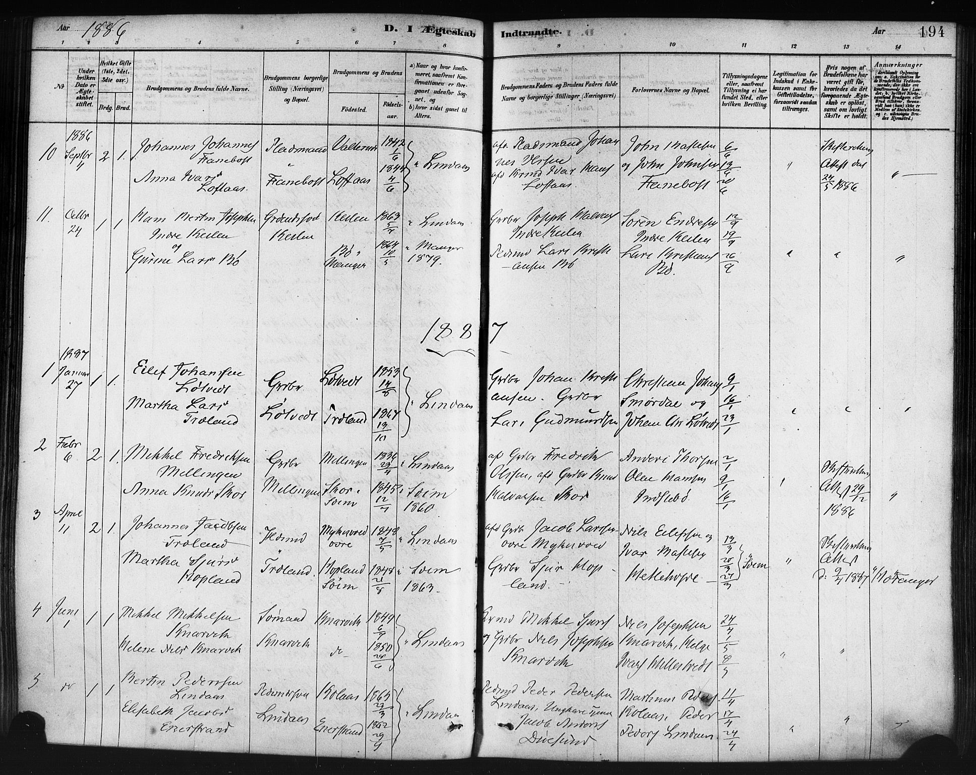 Lindås Sokneprestembete, SAB/A-76701/H/Haa: Parish register (official) no. A 19, 1878-1912, p. 194