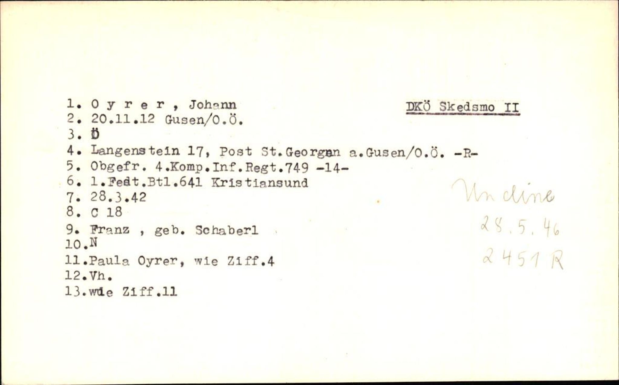 Hjemsendte tyskere , RA/RAFA-6487/D/Db/L0020: Mülzet-Paülisch, 1945-1947, p. 1010