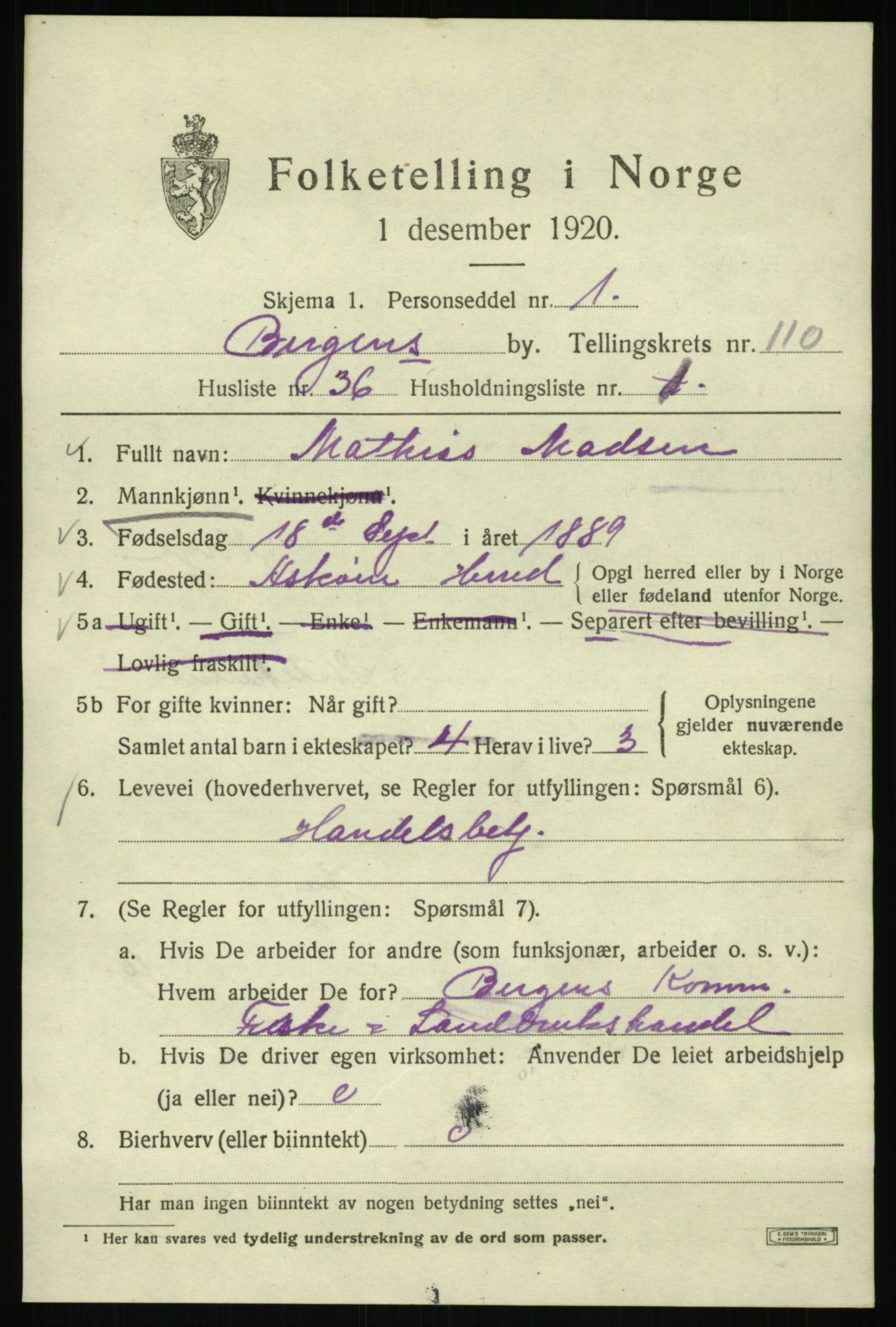 SAB, 1920 census for Bergen, 1920, p. 190562