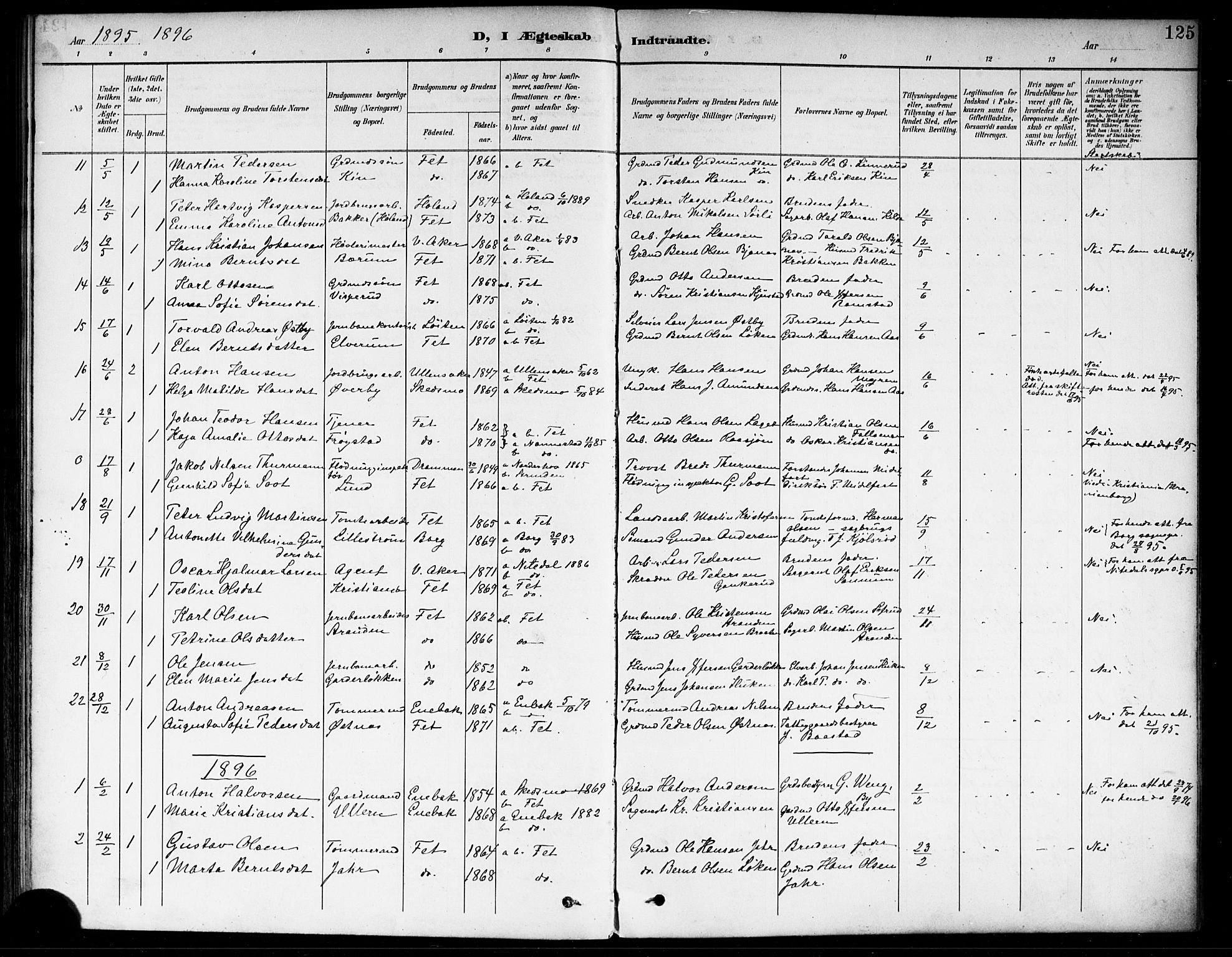 Fet prestekontor Kirkebøker, AV/SAO-A-10370a/F/Fa/L0015: Parish register (official) no. I 15, 1892-1904, p. 125