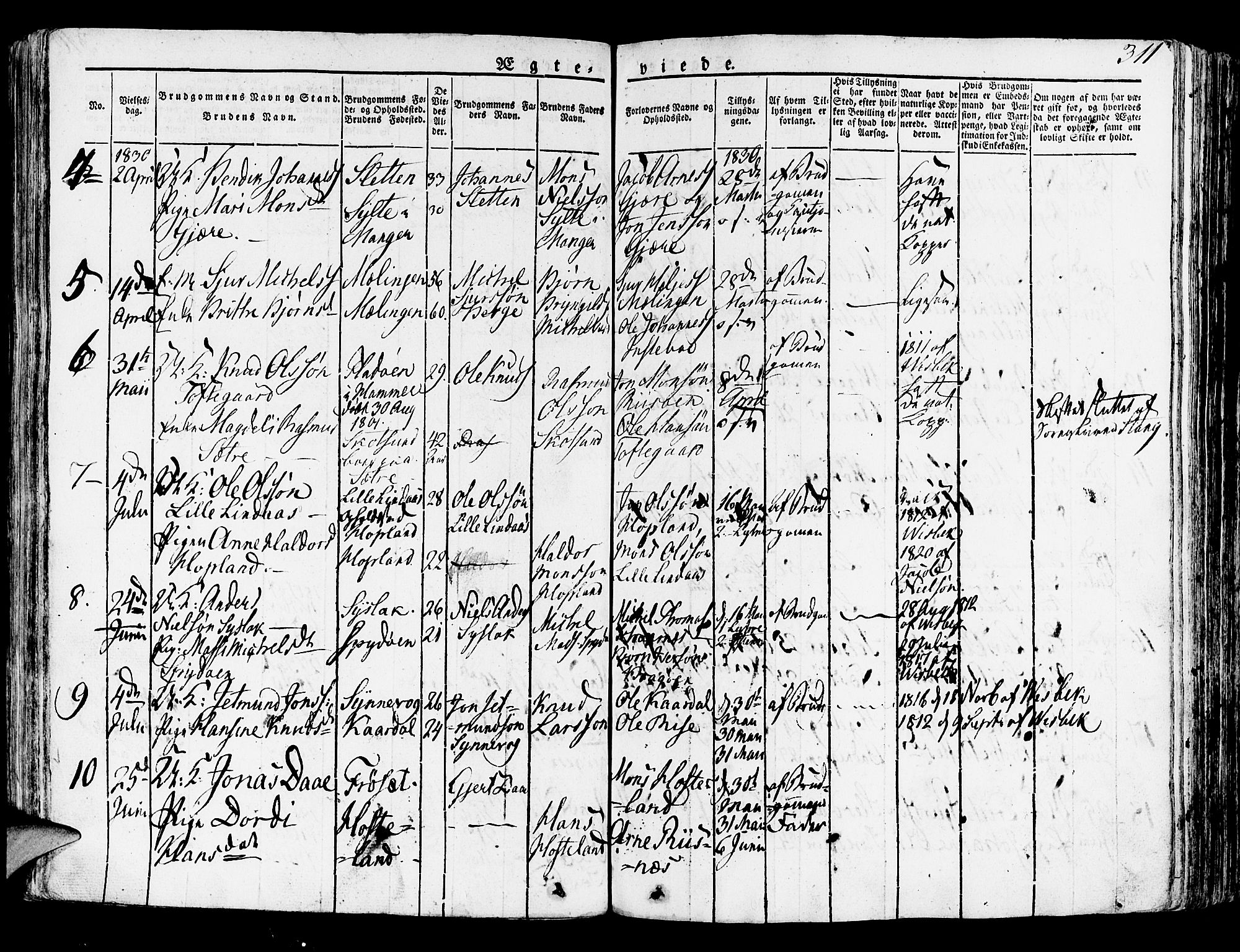 Lindås Sokneprestembete, SAB/A-76701/H/Haa: Parish register (official) no. A 8, 1823-1836, p. 311