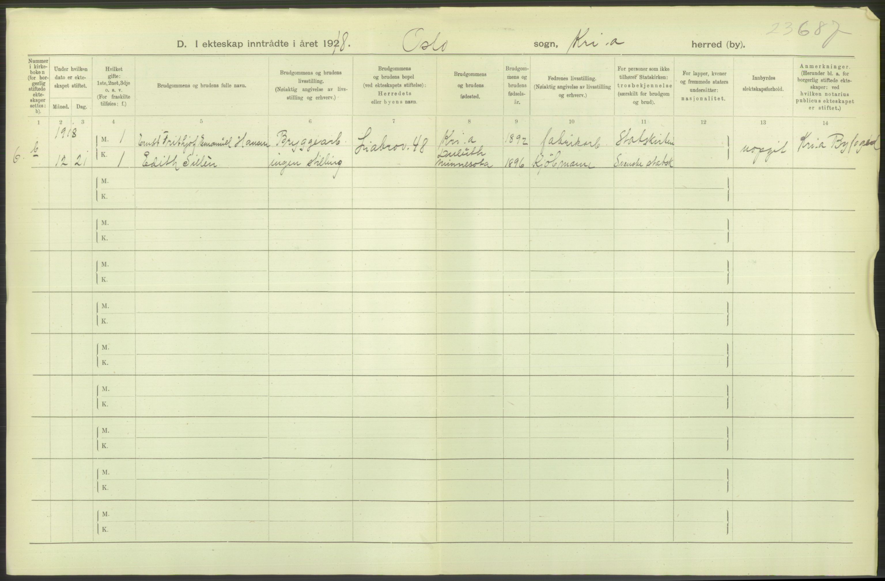 Statistisk sentralbyrå, Sosiodemografiske emner, Befolkning, AV/RA-S-2228/D/Df/Dfb/Dfbh/L0009: Kristiania: Gifte, 1918, p. 986