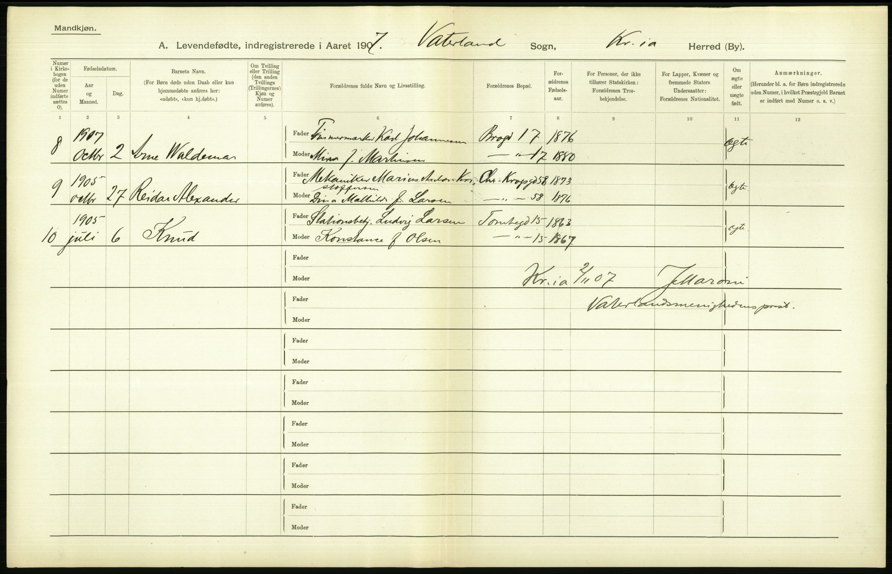 Statistisk sentralbyrå, Sosiodemografiske emner, Befolkning, AV/RA-S-2228/D/Df/Dfa/Dfae/L0007: Kristiania: Levendefødte menn og kvinner., 1907, p. 730