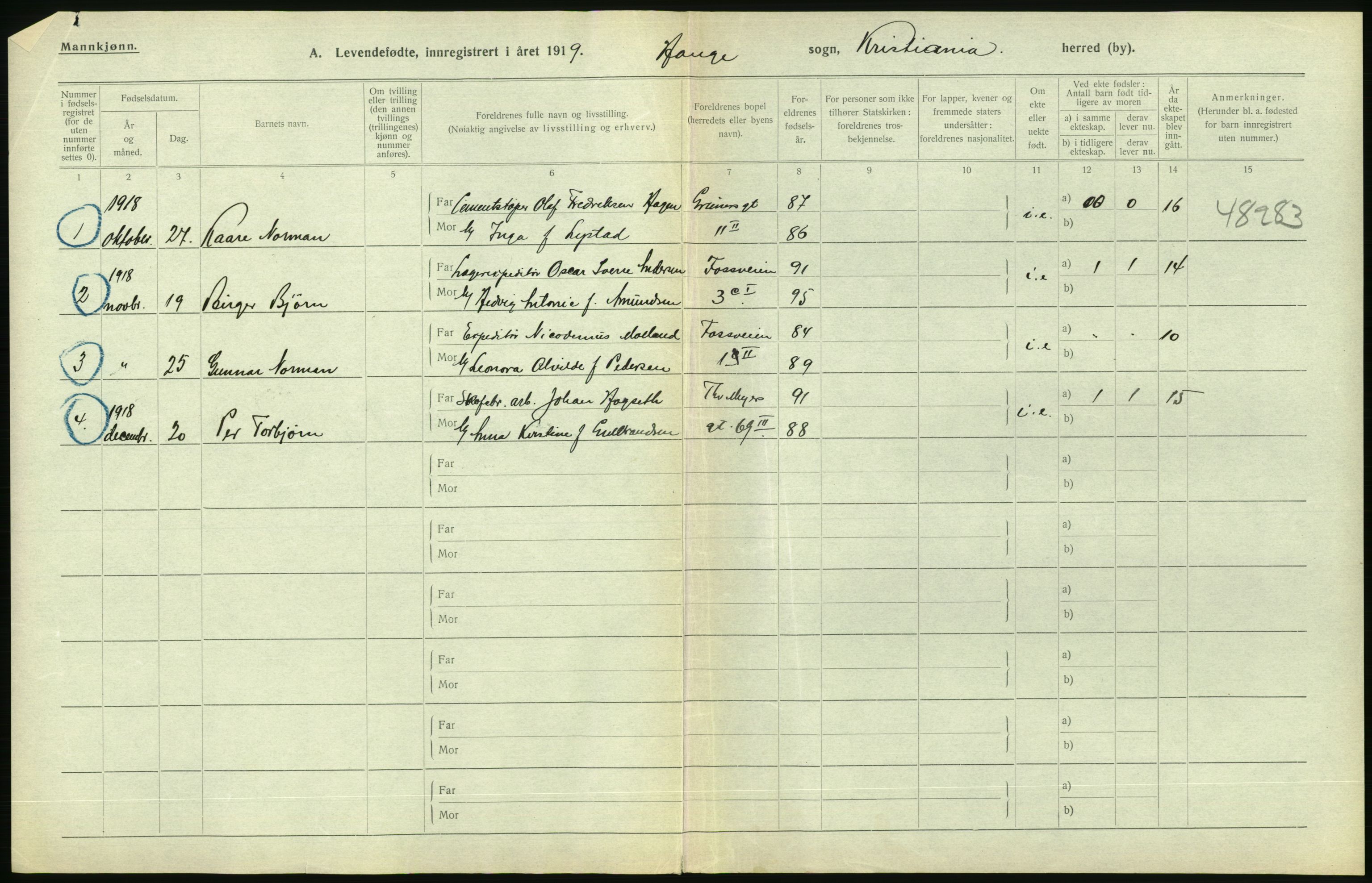 Statistisk sentralbyrå, Sosiodemografiske emner, Befolkning, AV/RA-S-2228/D/Df/Dfb/Dfbi/L0008: Kristiania: Levendefødte menn og kvinner., 1919