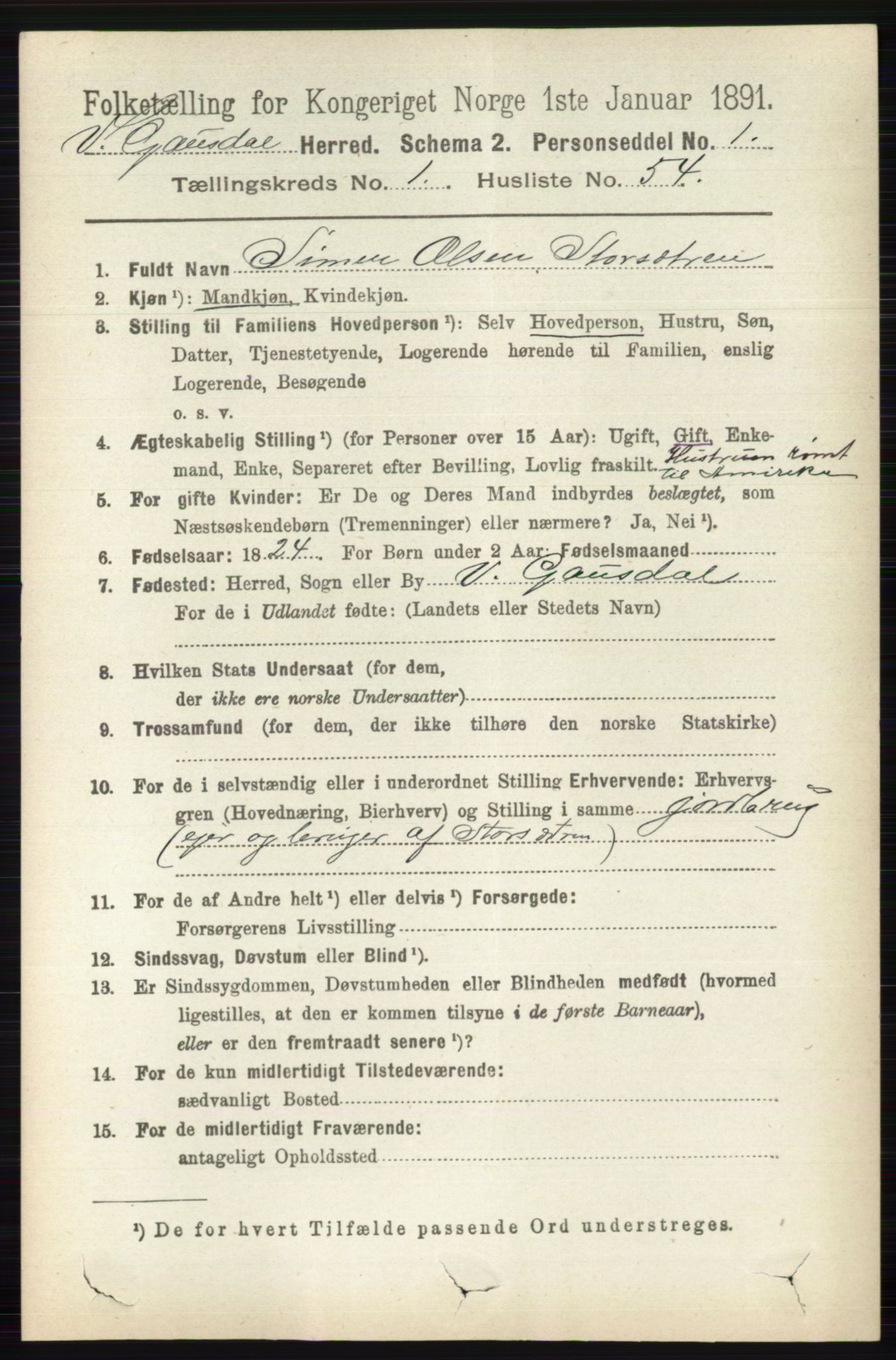 RA, 1891 census for 0523 Vestre Gausdal, 1891, p. 376