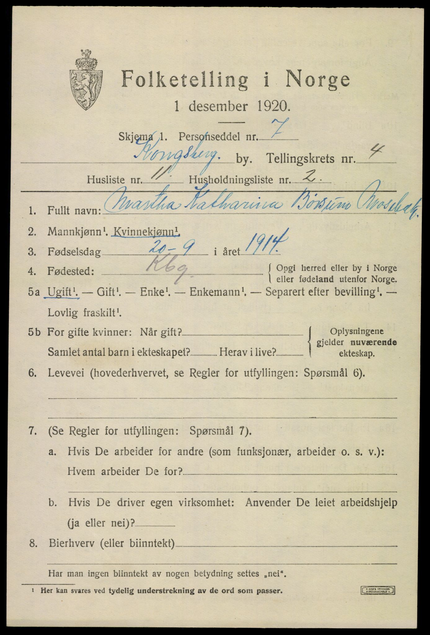 SAKO, 1920 census for Kongsberg, 1920, p. 11130