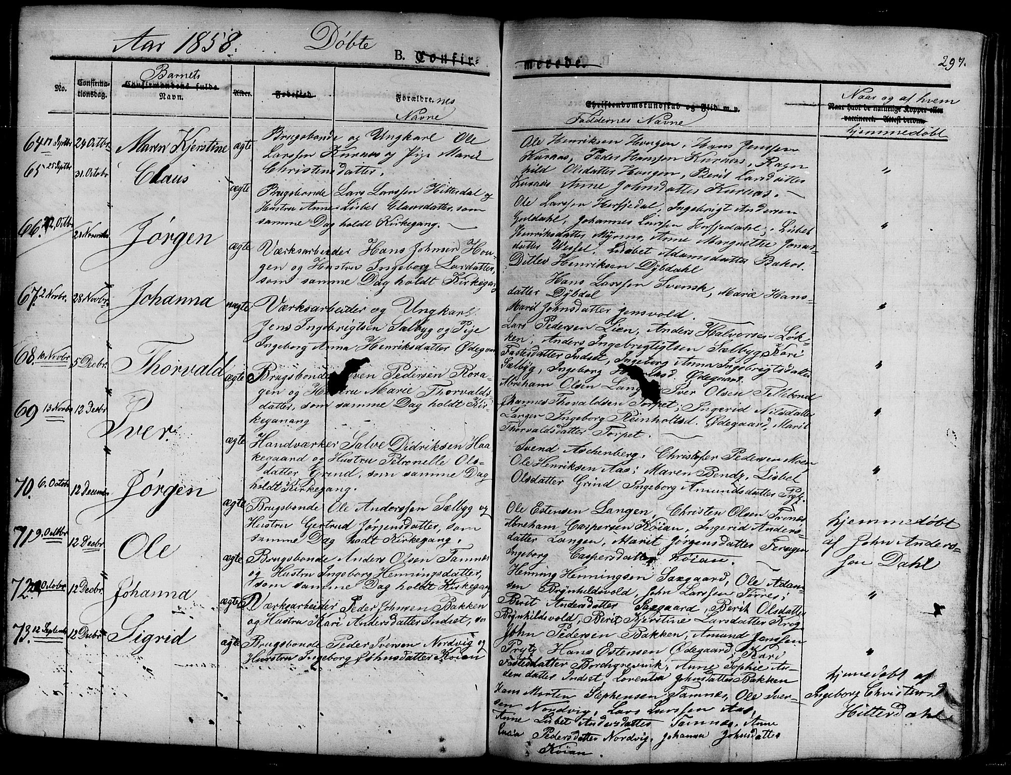 Ministerialprotokoller, klokkerbøker og fødselsregistre - Sør-Trøndelag, SAT/A-1456/681/L0938: Parish register (copy) no. 681C02, 1829-1879, p. 297