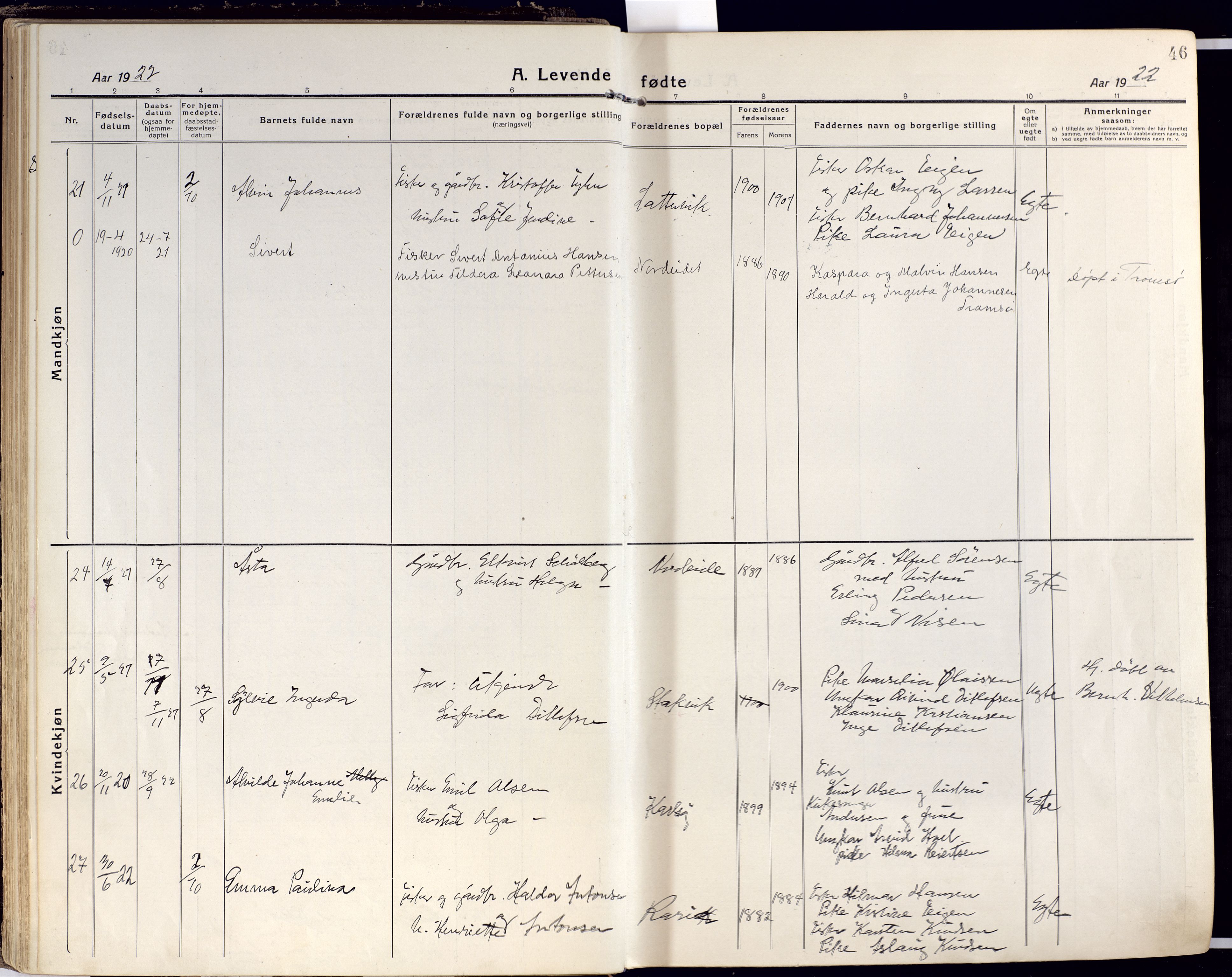 Karlsøy sokneprestembete, AV/SATØ-S-1299/H/Ha/Haa/L0015kirke: Parish register (official) no. 15, 1918-1929, p. 46