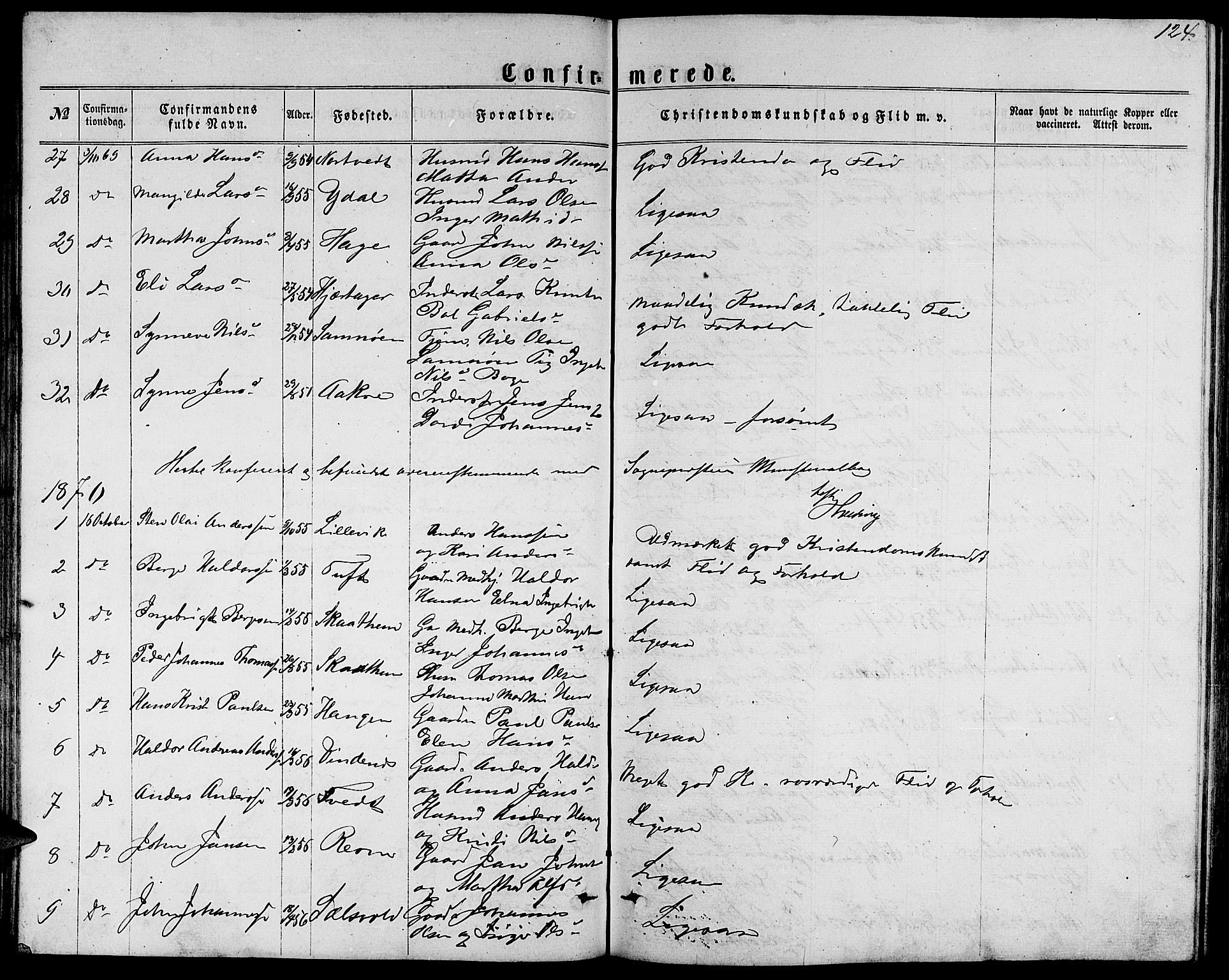 Fusa sokneprestembete, SAB/A-75401/H/Hab: Parish register (copy) no. C 1, 1861-1885, p. 124