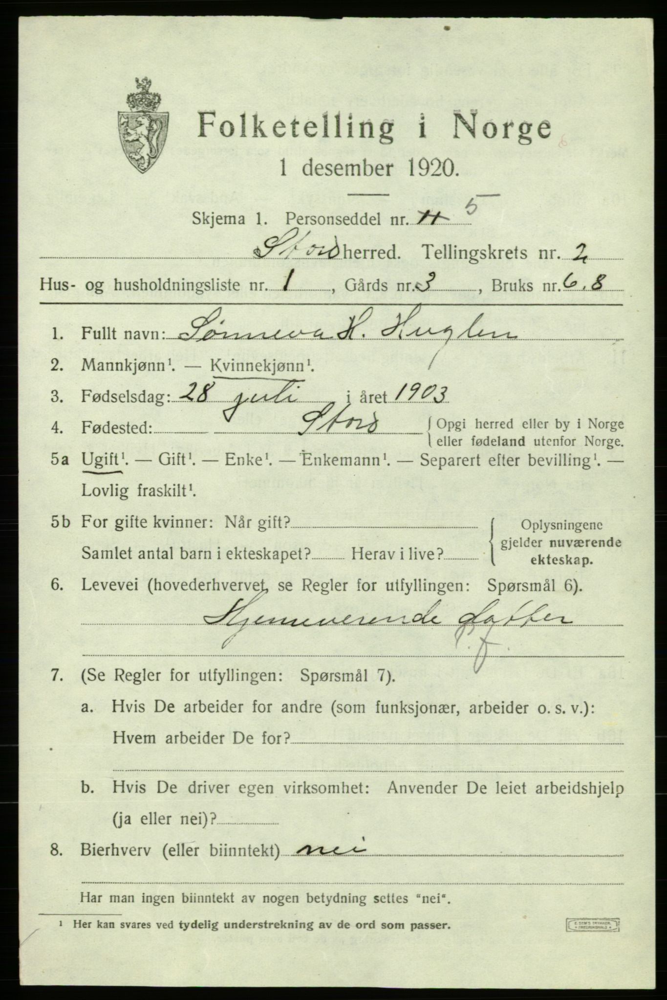 SAB, 1920 census for Stord, 1920, p. 1491