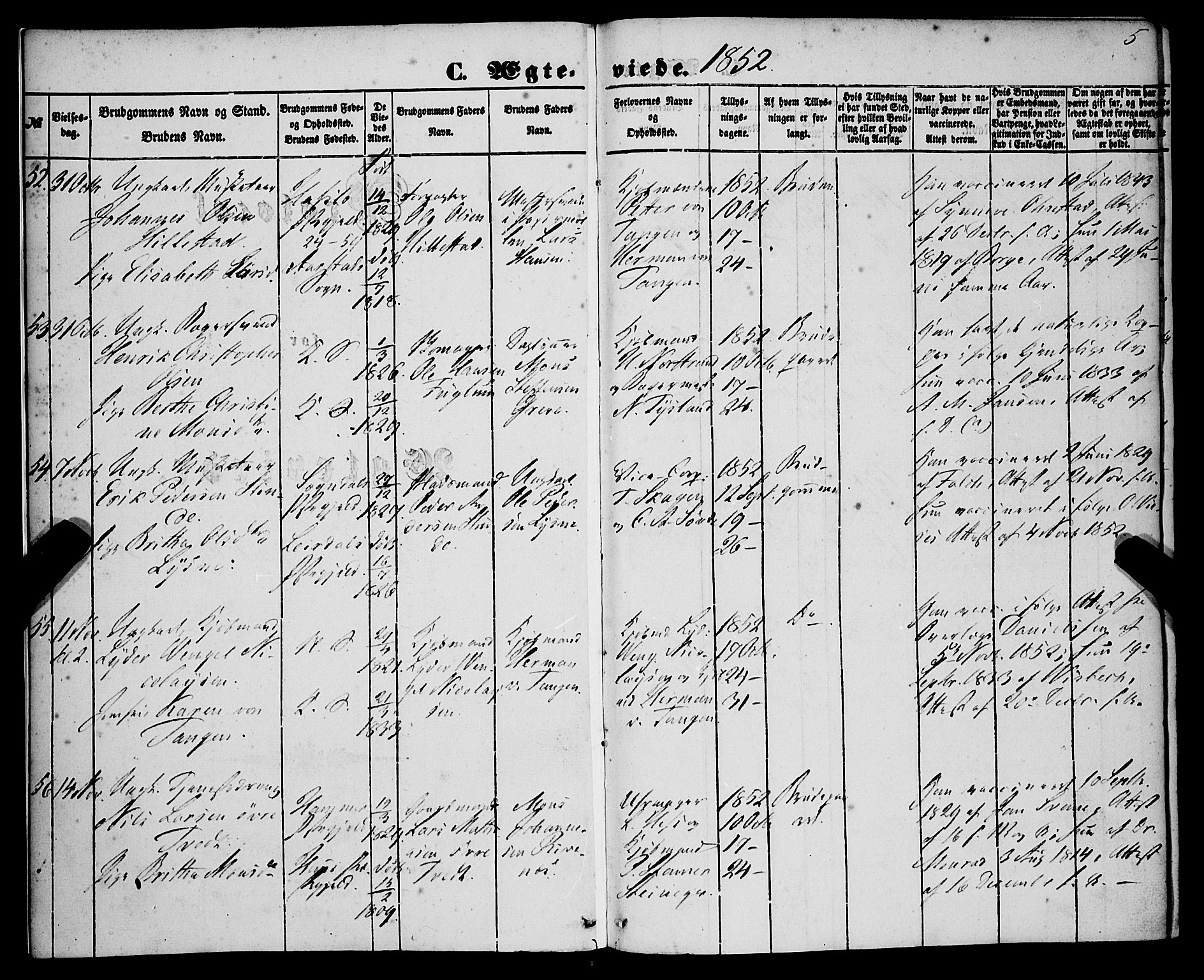 Korskirken sokneprestembete, SAB/A-76101/H/Haa/L0035: Parish register (official) no. D 2, 1852-1867, p. 5