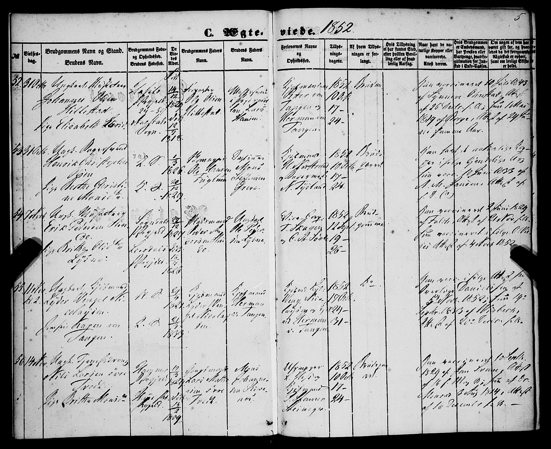 Korskirken sokneprestembete, AV/SAB-A-76101/H/Haa/L0035: Parish register (official) no. D 2, 1852-1867, p. 5