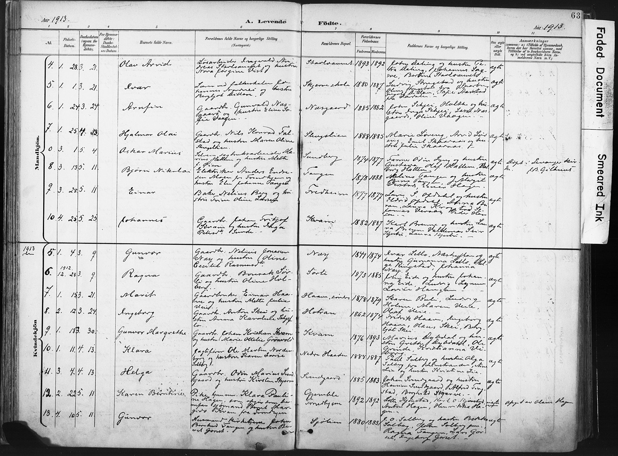 Ministerialprotokoller, klokkerbøker og fødselsregistre - Nord-Trøndelag, AV/SAT-A-1458/717/L0162: Parish register (official) no. 717A12, 1898-1923, p. 63