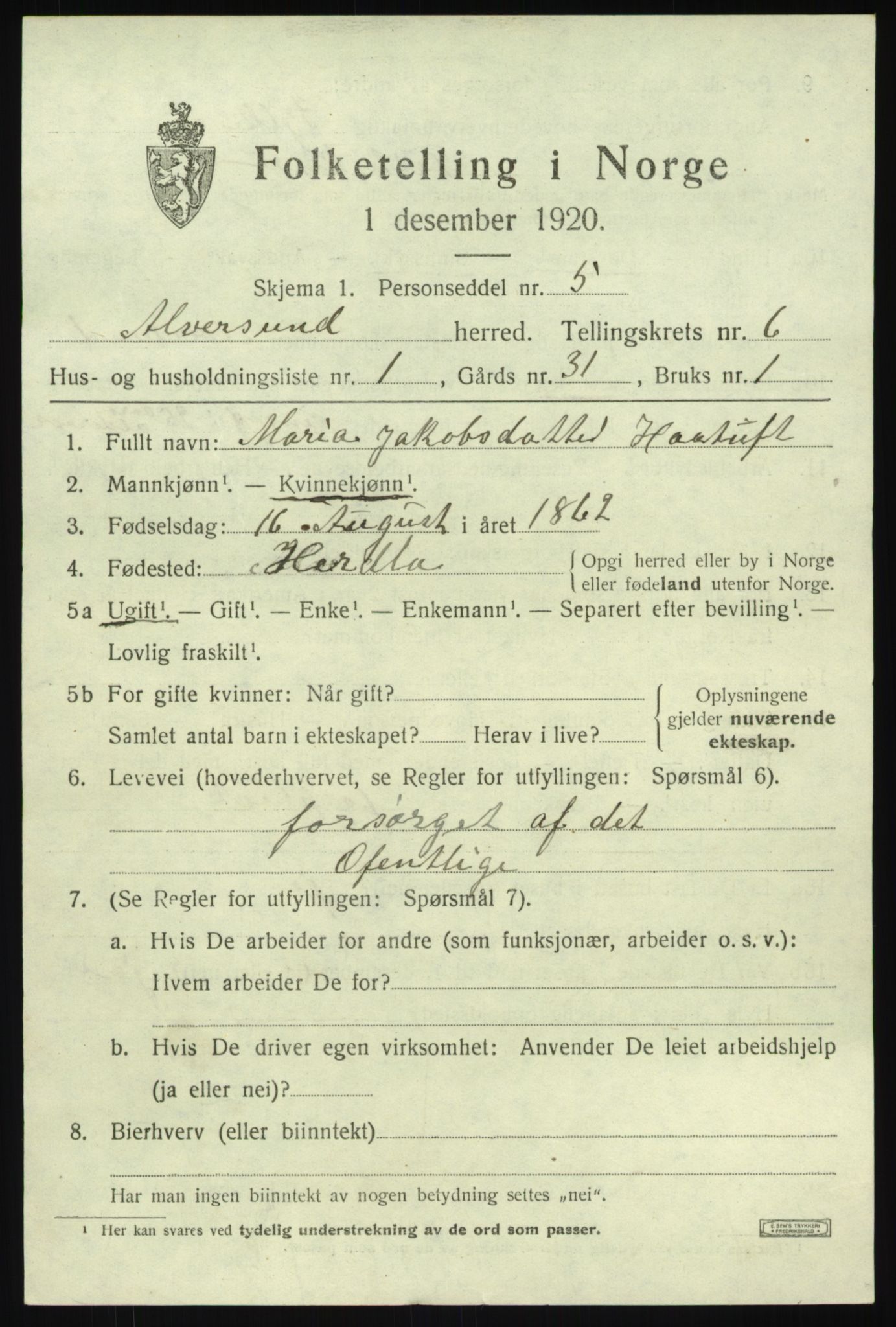 SAB, 1920 census for Alversund, 1920, p. 4464